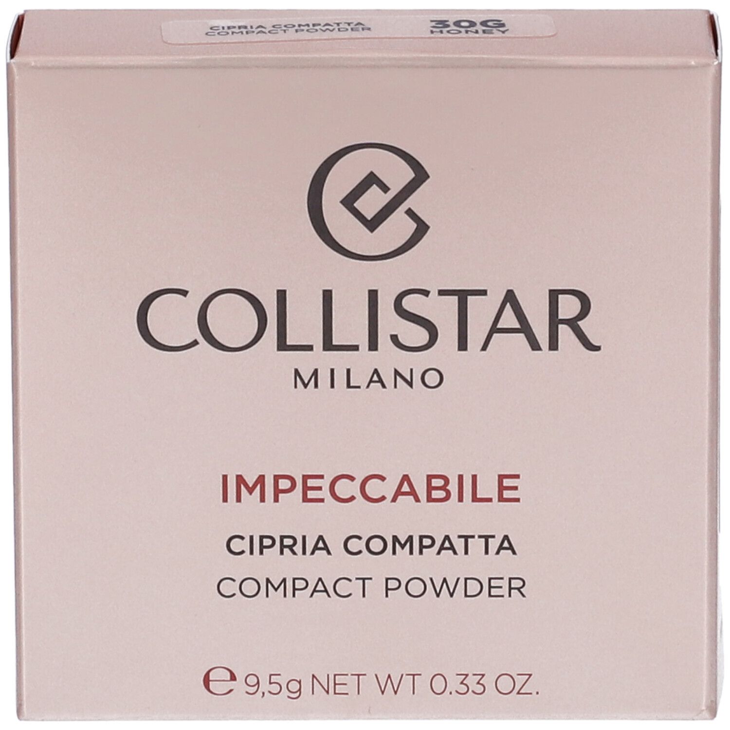 Confezione cipria compatta Collistar. Scritta: Impeccabile Cipria Compatta Compact Powder. Colore: Honey. Peso: 9,5g.