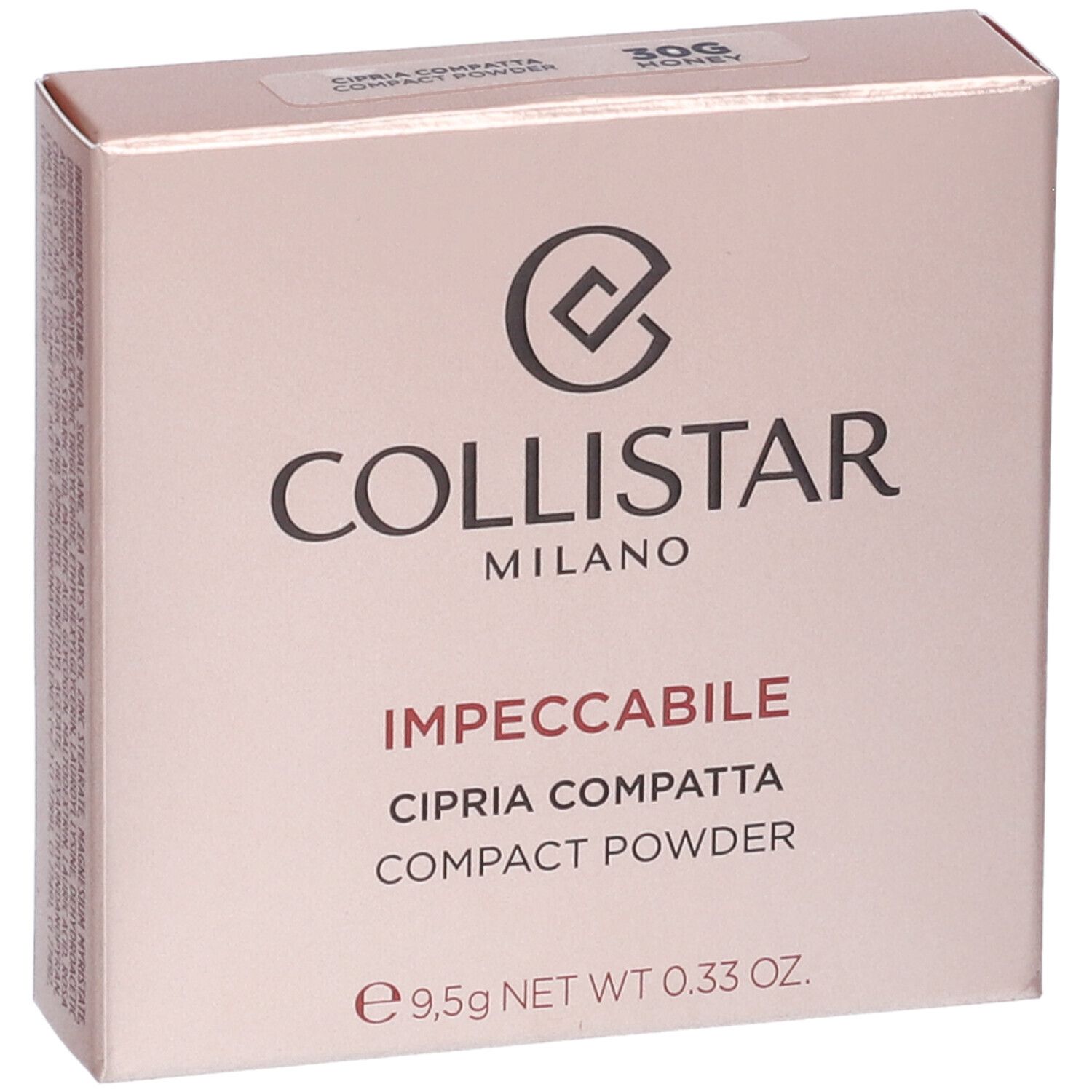 Confezione cipria compatta Collistar. Scritta: Impeccabile Cipria Compatta Compact Powder. Colore: Honey. Peso: 9,5g.