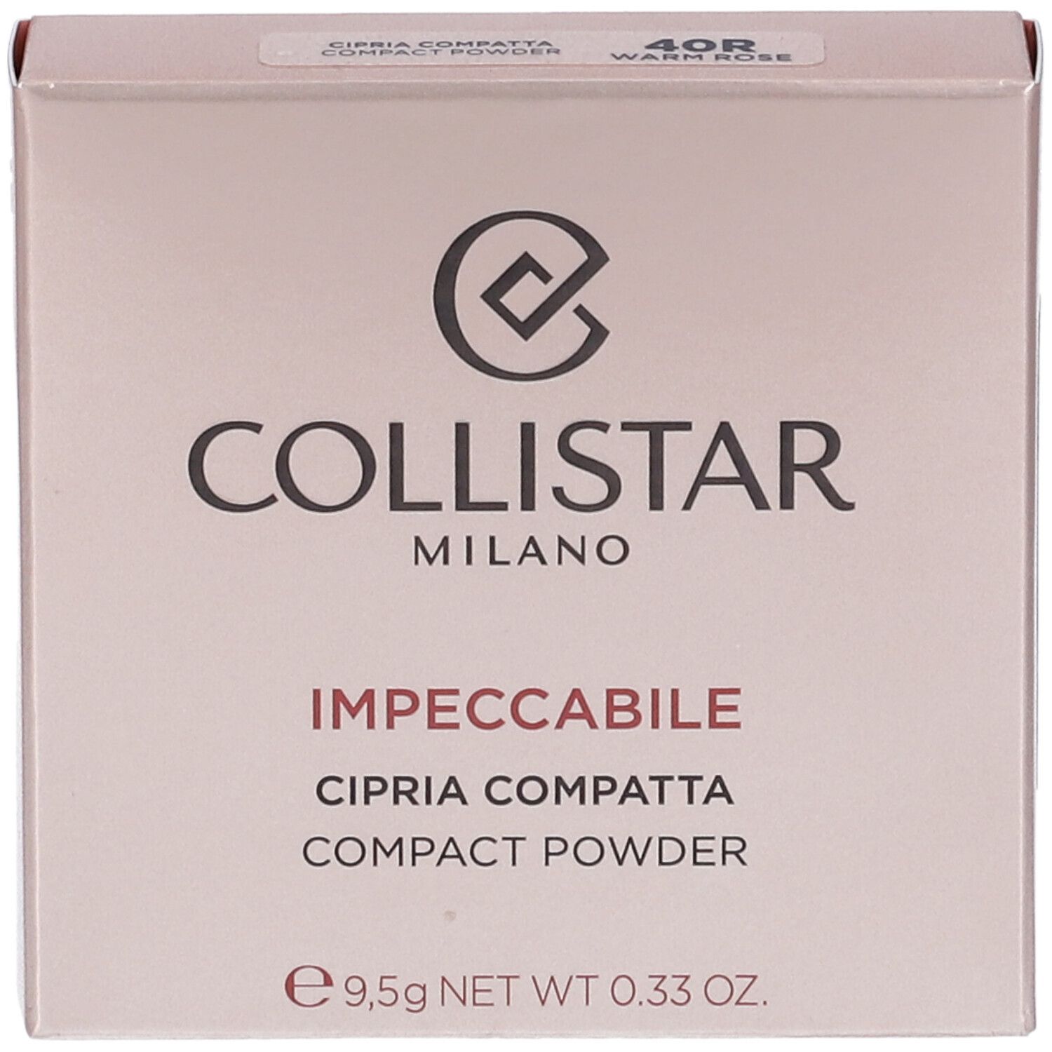 Confezione cipria compatta Collistar. Scritta: Impeccabile Cipria Compatta Compact Powder. Colore: 40R Warm Rose. Peso netto: 9,5g.