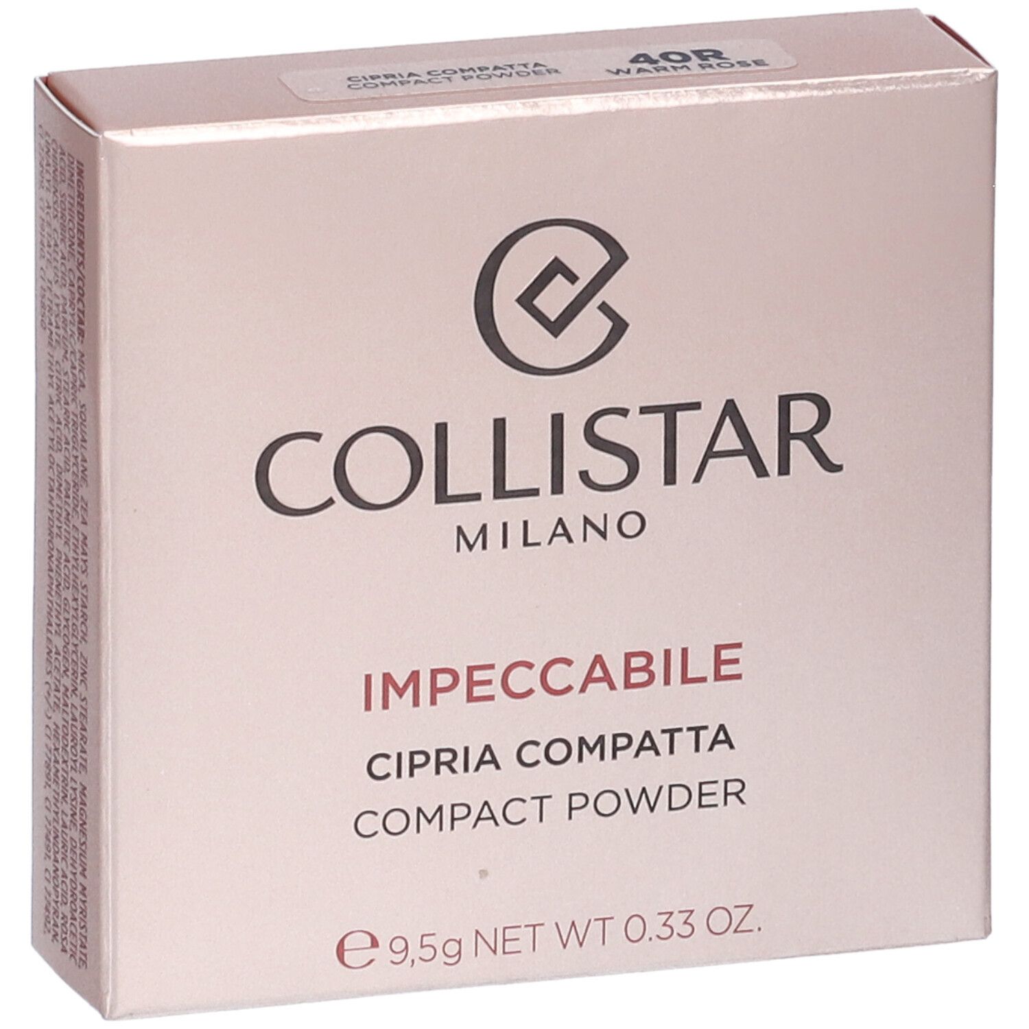 Confezione cipria compatta Collistar. Scritta: Impeccabile Cipria Compatta Compact Powder. Colore: 40R Warm Rose. Peso netto: 9,5g.