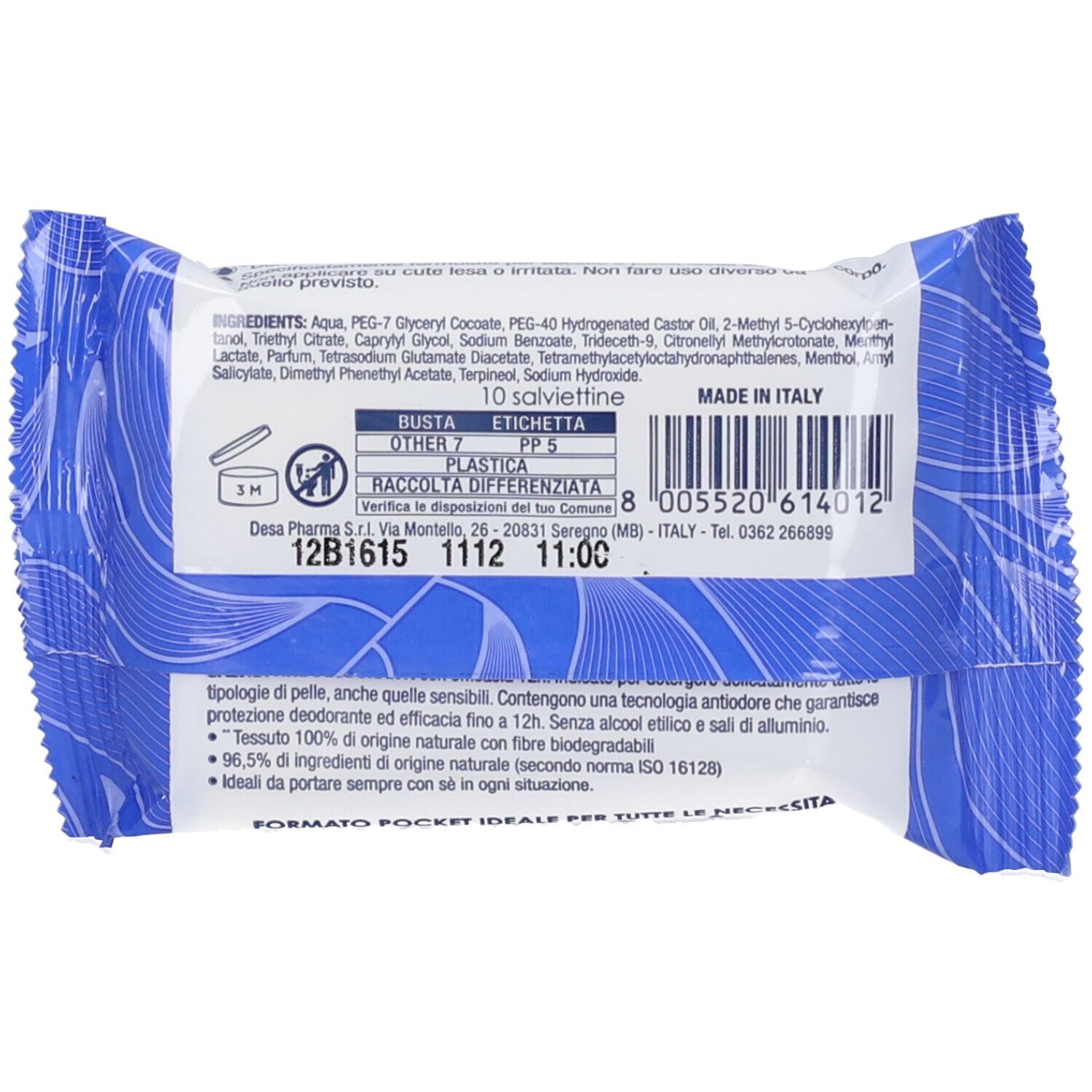 Retro confezione SAUBER SALVIETTE DEOD. Testo: 10 salviettine, ingredienti, informazioni smaltimento, Made in Italy.