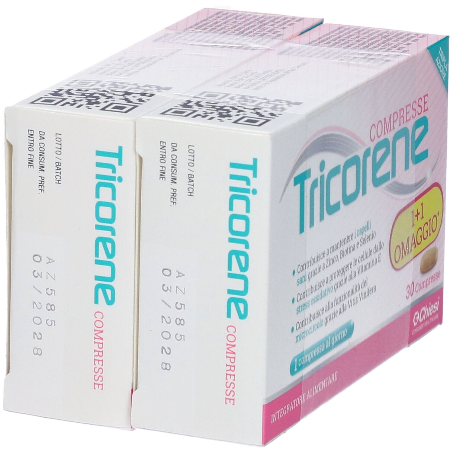 Due confezioni Tricorene Compresse affiancate. Confezione rosa e bianca con nome e dettagli. Scadenza.