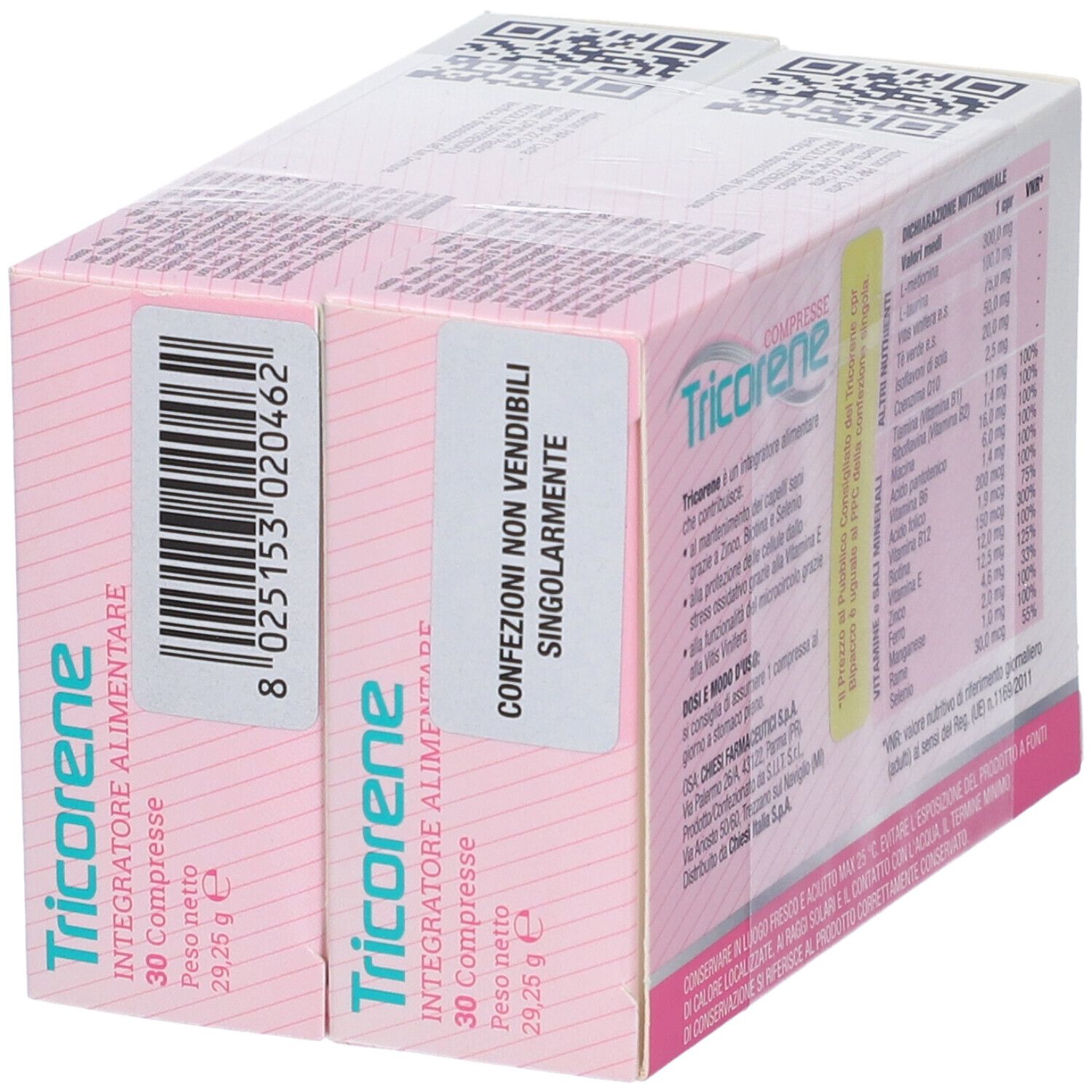 Retro di due confezioni Tricorene Compresse. Confezione rosa e bianca con nome e dettagli. Non vendibili singolarmente.
