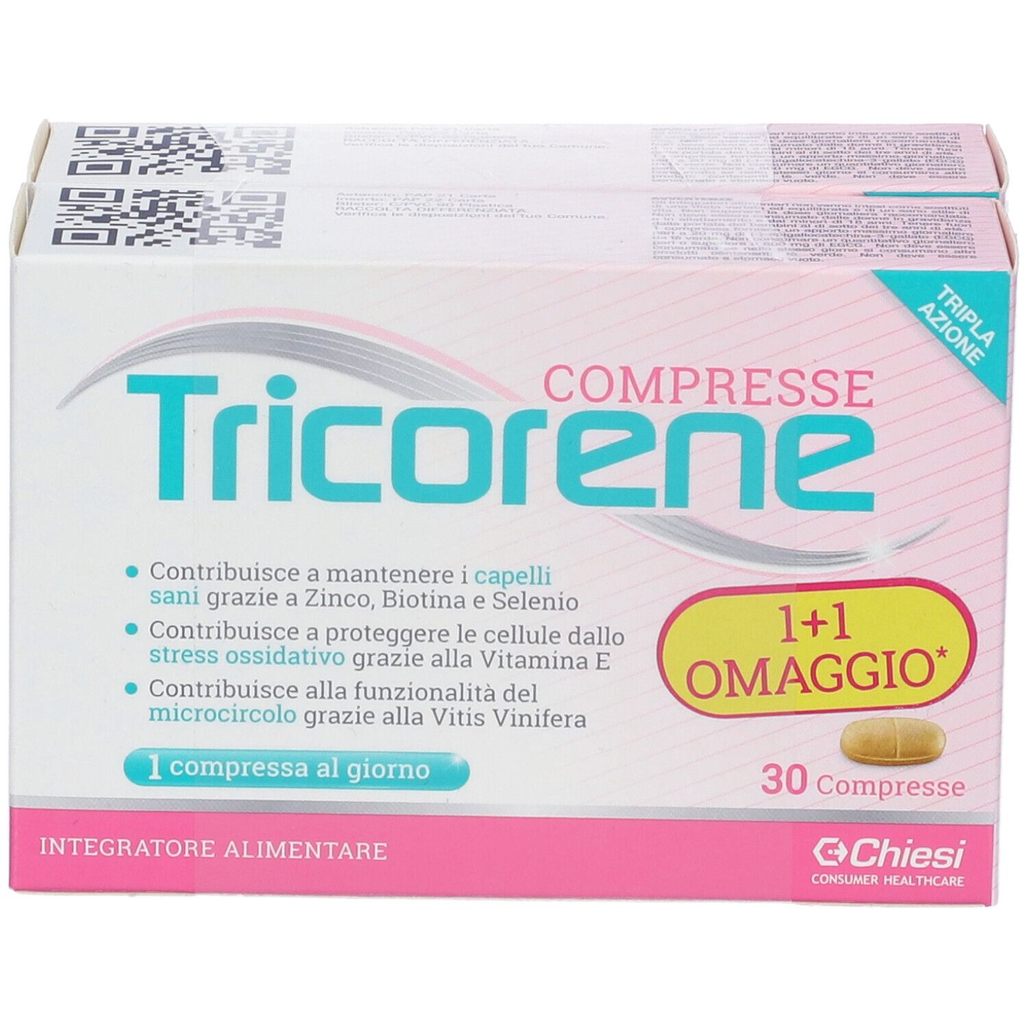 Confezione Tricorene Compresse, 30 compresse. Confezione rosa e bianca con nome e dettagli. 1+1 omaggio.