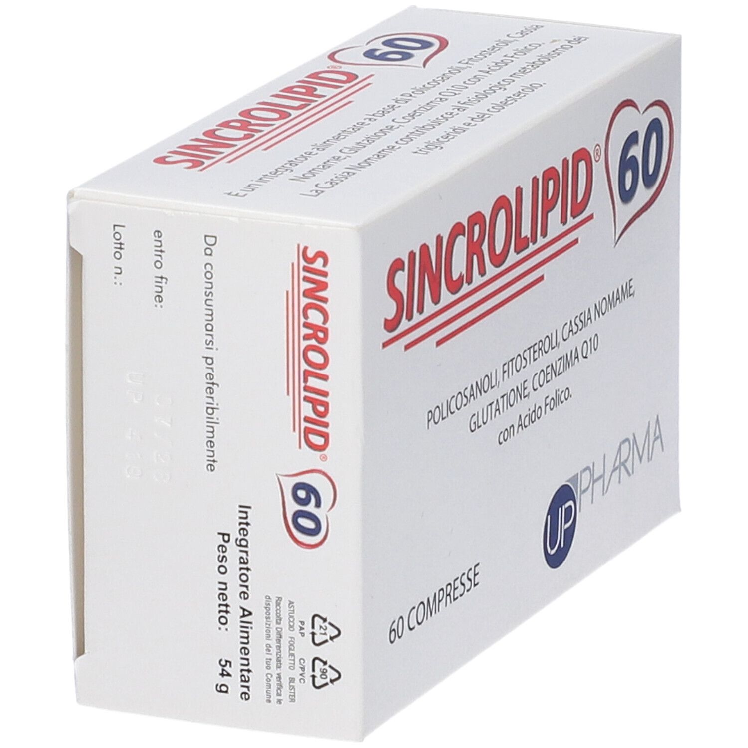 Scatola bianca con scritta rossa SINCROLIPID 60. Contiene 60 compresse. Logo UP Pharma. Testo sul retro.
