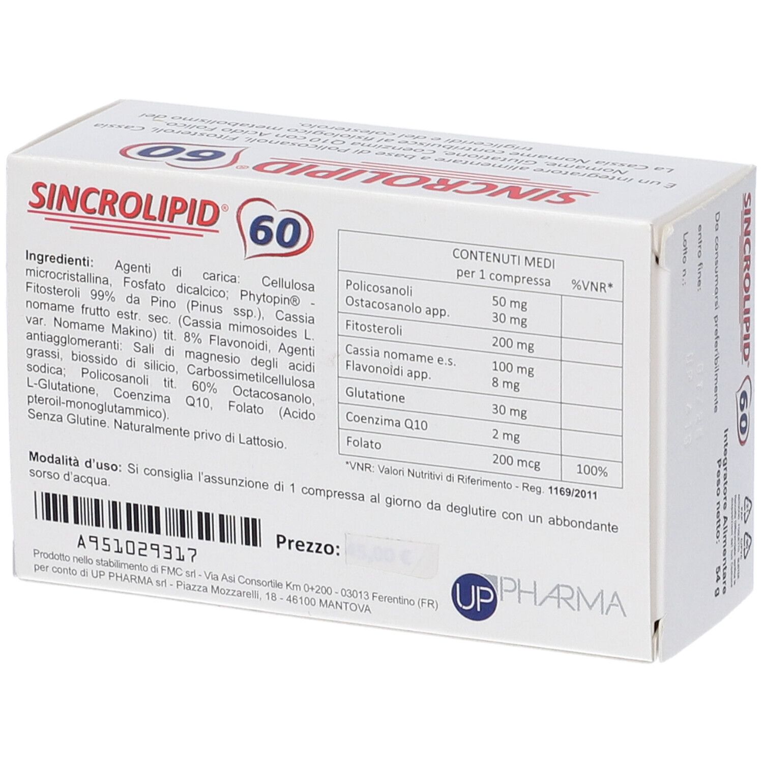 Scatola bianca con scritta rossa SINCROLIPID 60. Contiene 60 compresse. Ingredienti e informazioni nutrizionali.