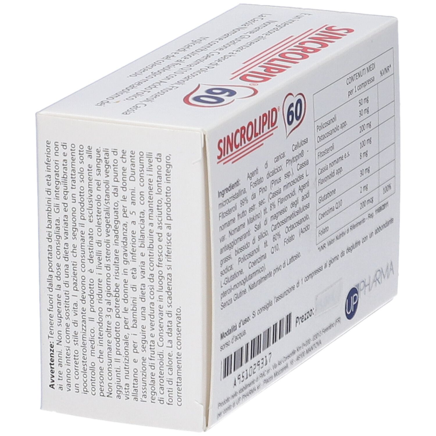 Scatola bianca con scritta rossa SINCROLIPID 60. Contiene 60 compresse. Avvertenze e ingredienti.