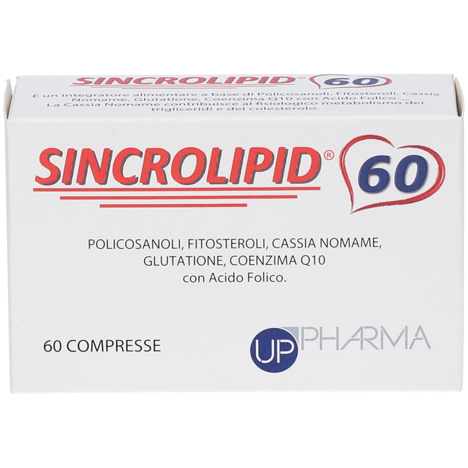 Scatola bianca con scritta rossa SINCROLIPID 60. Contiene 60 compresse. Logo UP Pharma.
