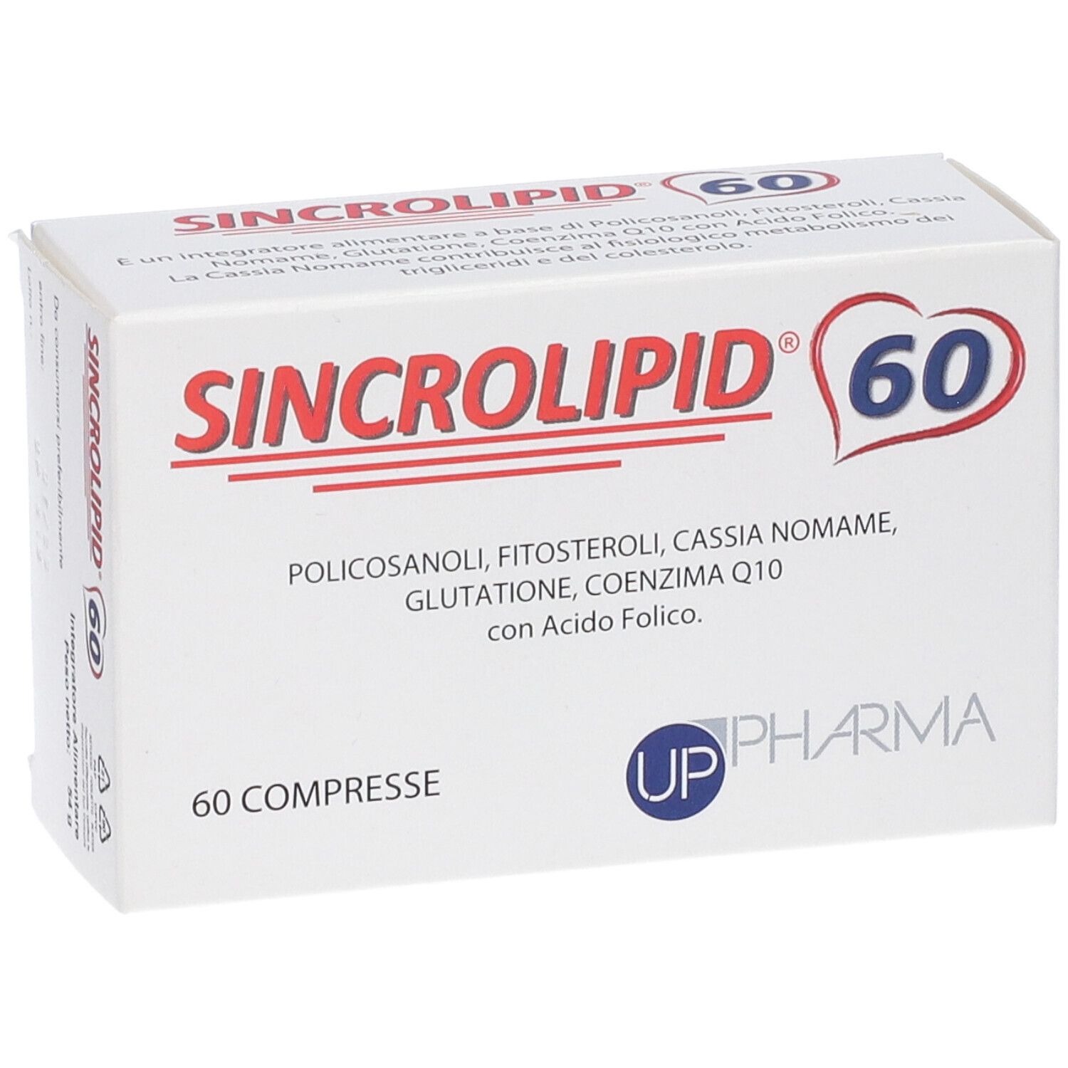 Scatola bianca con scritta rossa SINCROLIPID 60. Contiene 60 compresse. Logo UP Pharma.