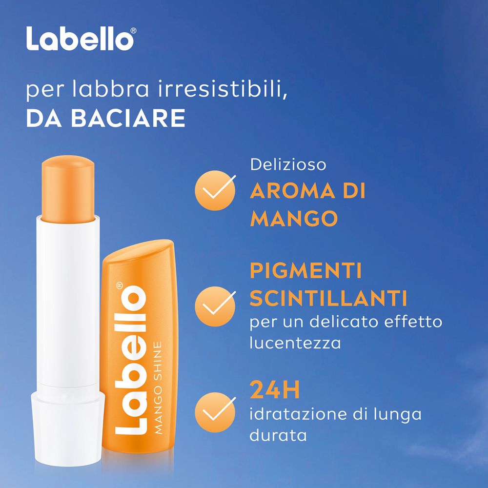 Balsamo labbra Labello Mango Shine. Due stick. Aroma mango, brillantezza e idratazione 24h.