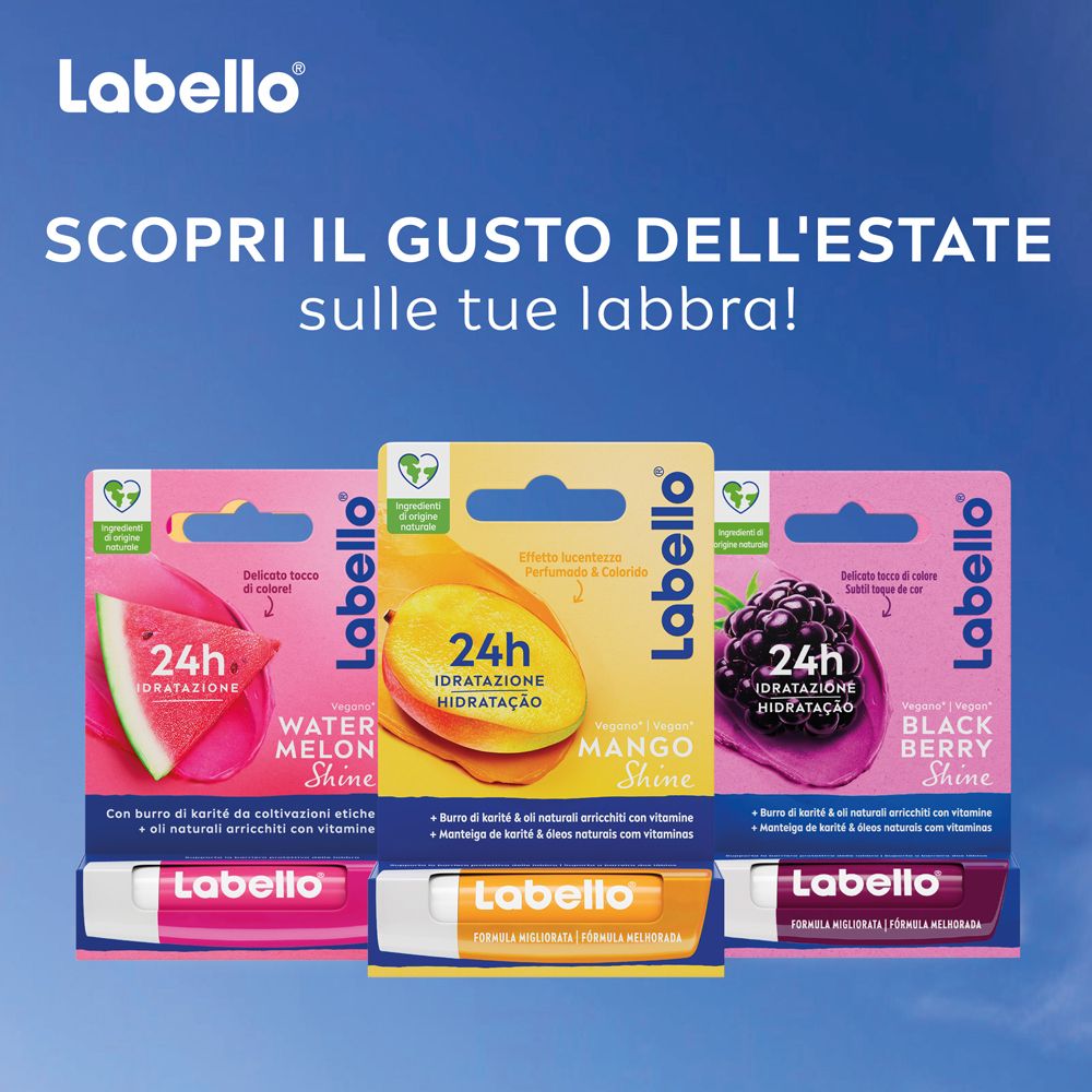 Varietà di balsamo labbra Labello: Mango Shine, Watermelon Shine, Black Berry Shine. Idratazione 24h.
