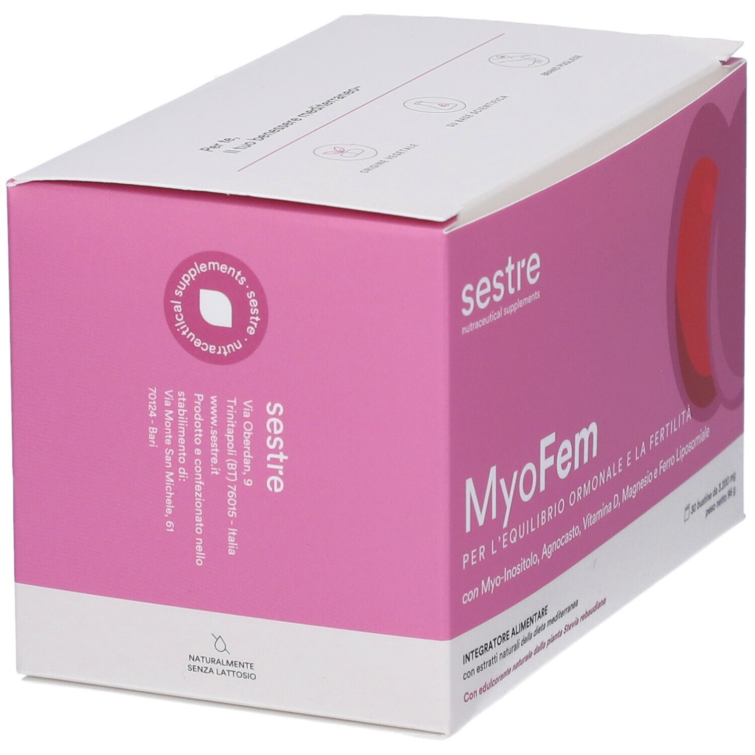 Scatola rosa MyoFem. Marchio Sestre. Per l'equilibrio ormonale e la fertilità. Ingredienti.