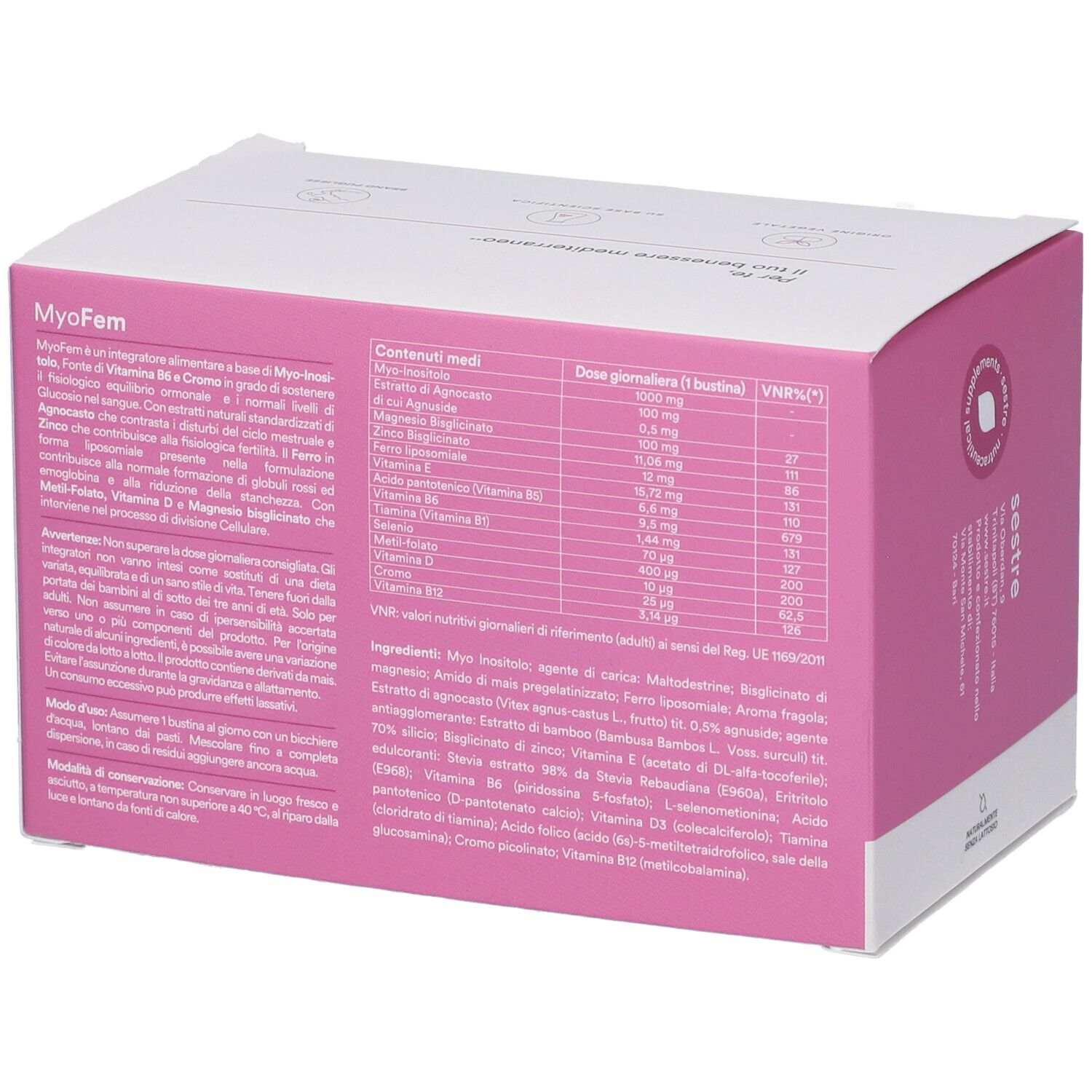 Scatola rosa MyoFem. Testo: Ingredienti e informazioni nutrizionali. Marchio Sestre.