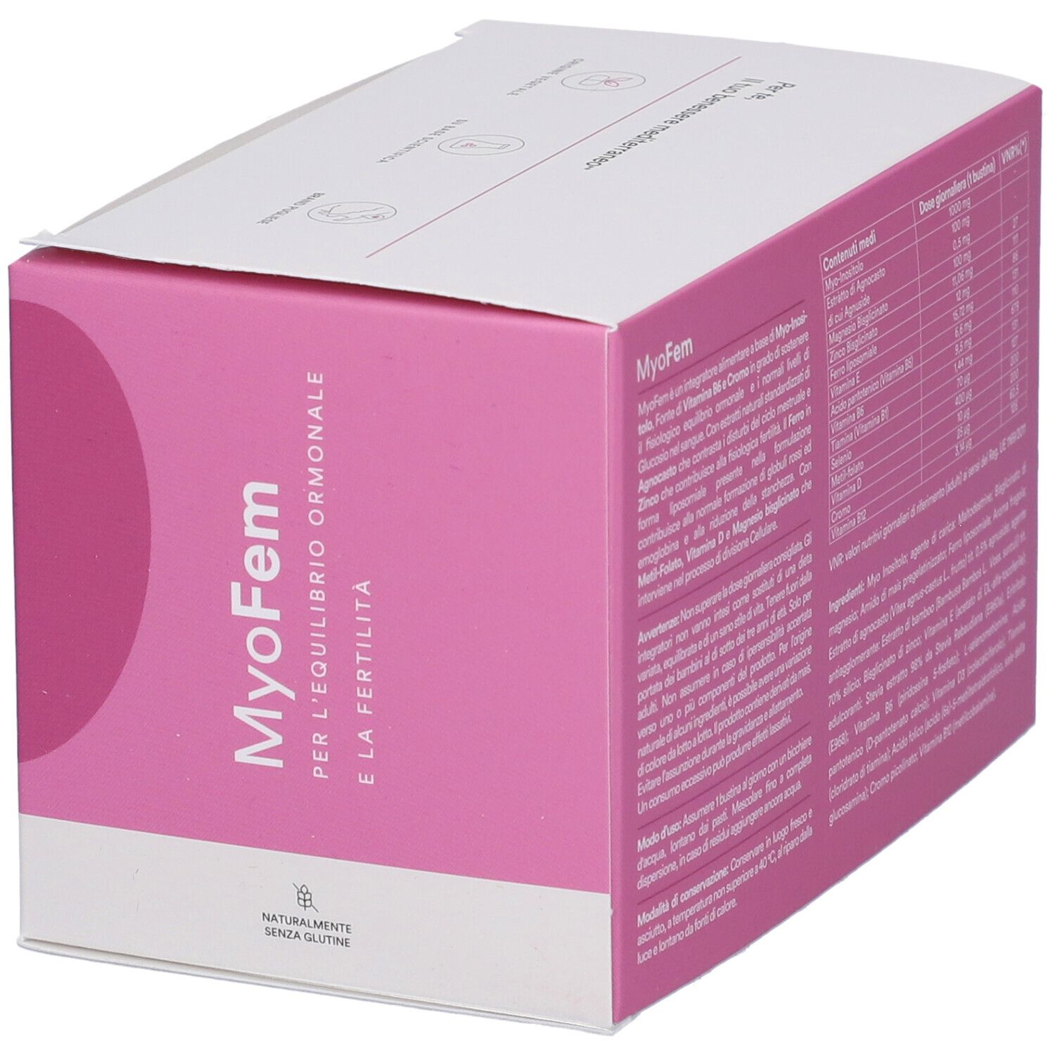 Scatola rosa MyoFem. Per l'equilibrio ormonale e la fertilità. Marchio Sestre.