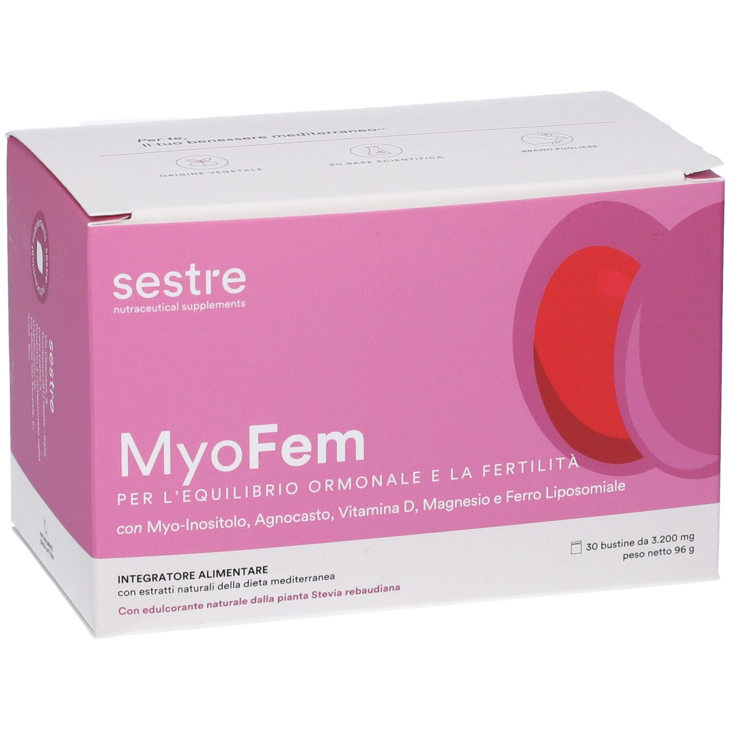 Scatola rosa MyoFem. Per l'equilibrio ormonale e la fertilità. Marchio Sestre.
