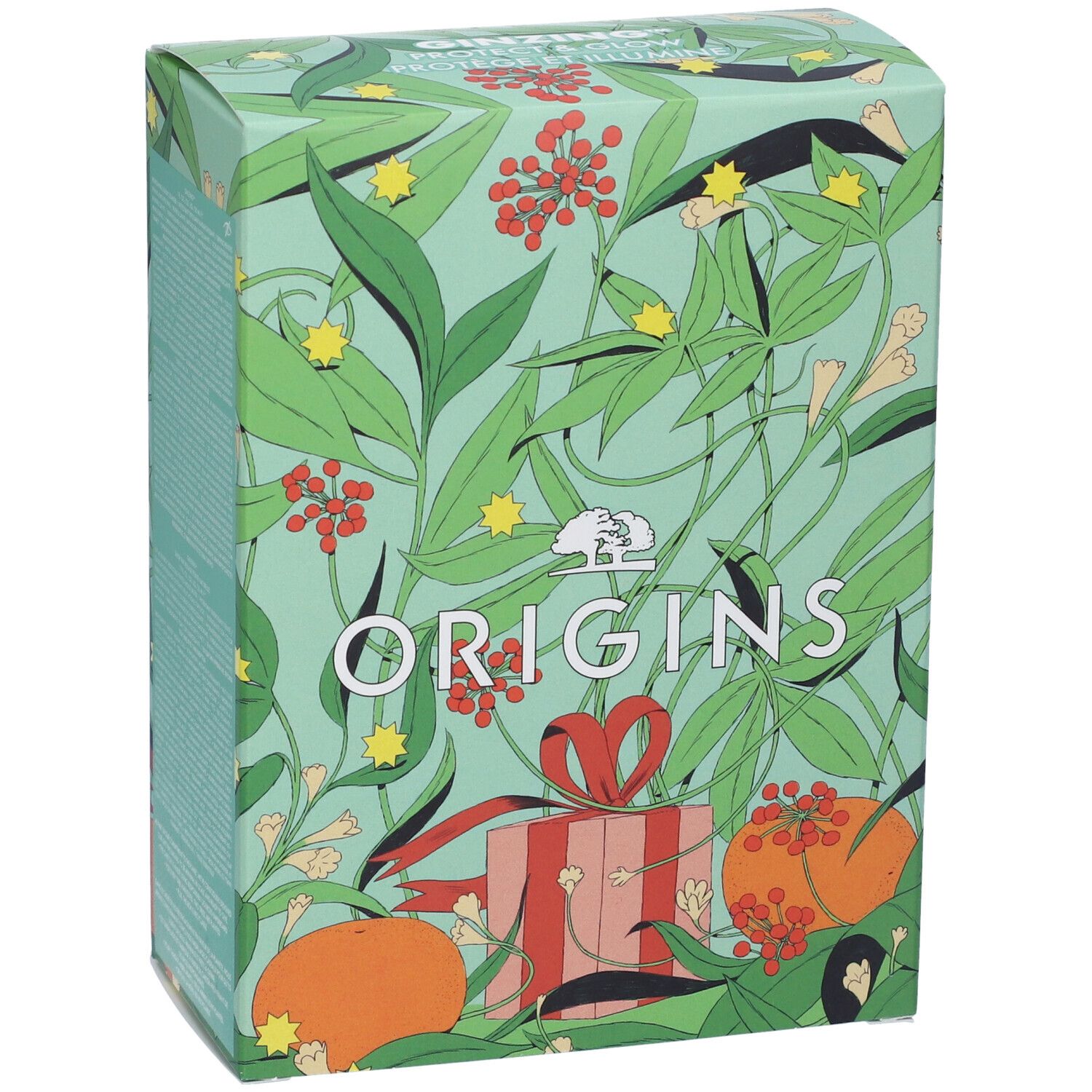 Confezione regalo verde con motivo floreale e scritta "ORIGINS". Un regalo è raffigurato sul davanti.
