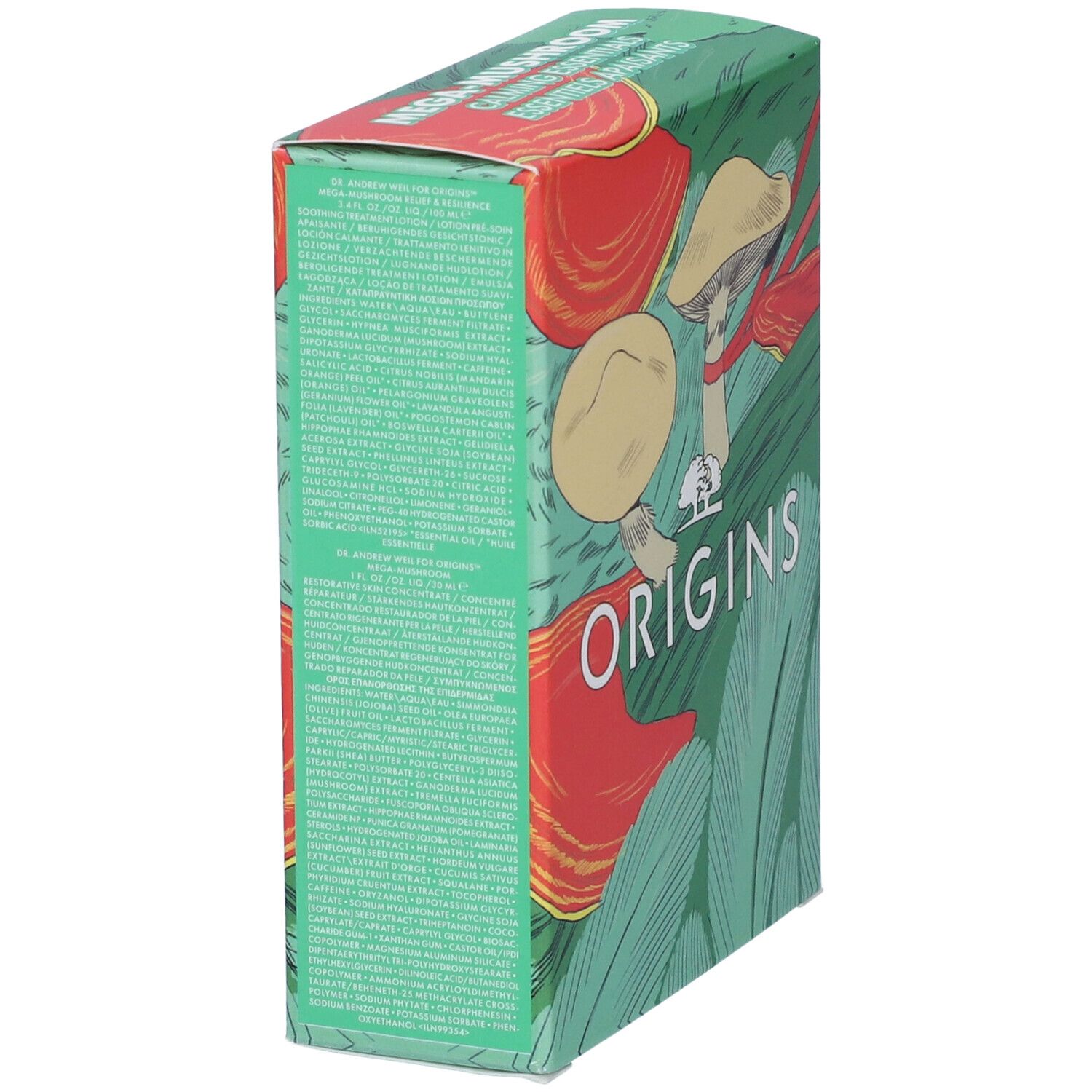 Confezione verde con testo e illustrazioni di funghi, scritta "ORIGINS".