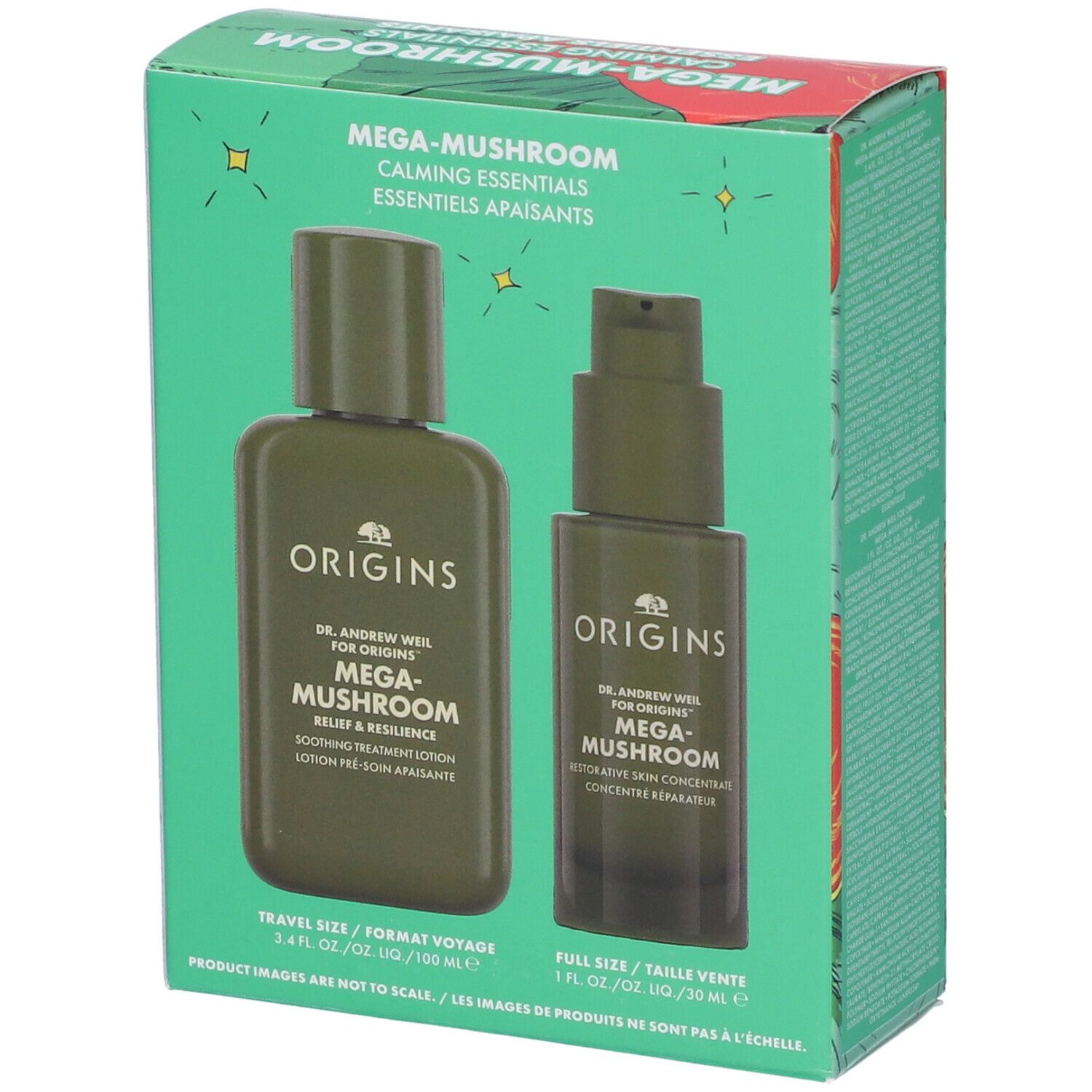 Set regalo con due flaconi verdi. Scritta "ORIGINS MEGA-MUSHROOM".