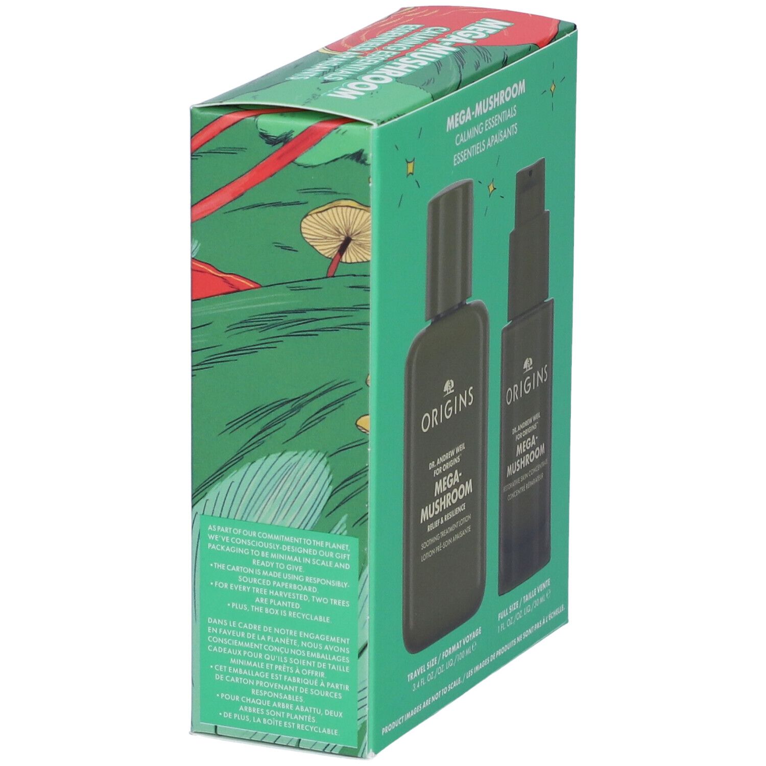 Confezione regalo verde con due flaconi. Scritta "MEGA-MUSHROOM" e "ORIGINS".