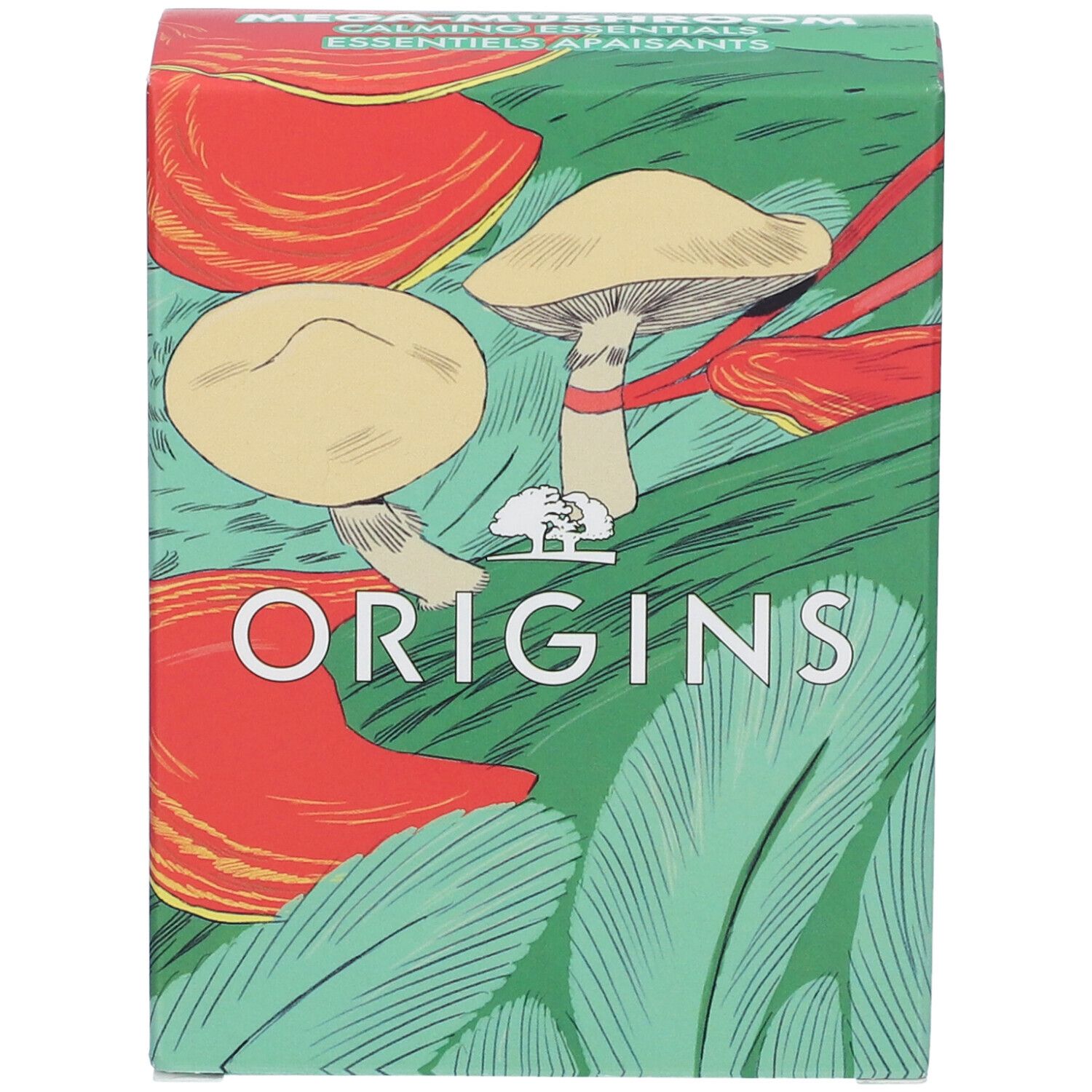 Confezione verde con illustrazioni di funghi e scritta "ORIGINS".