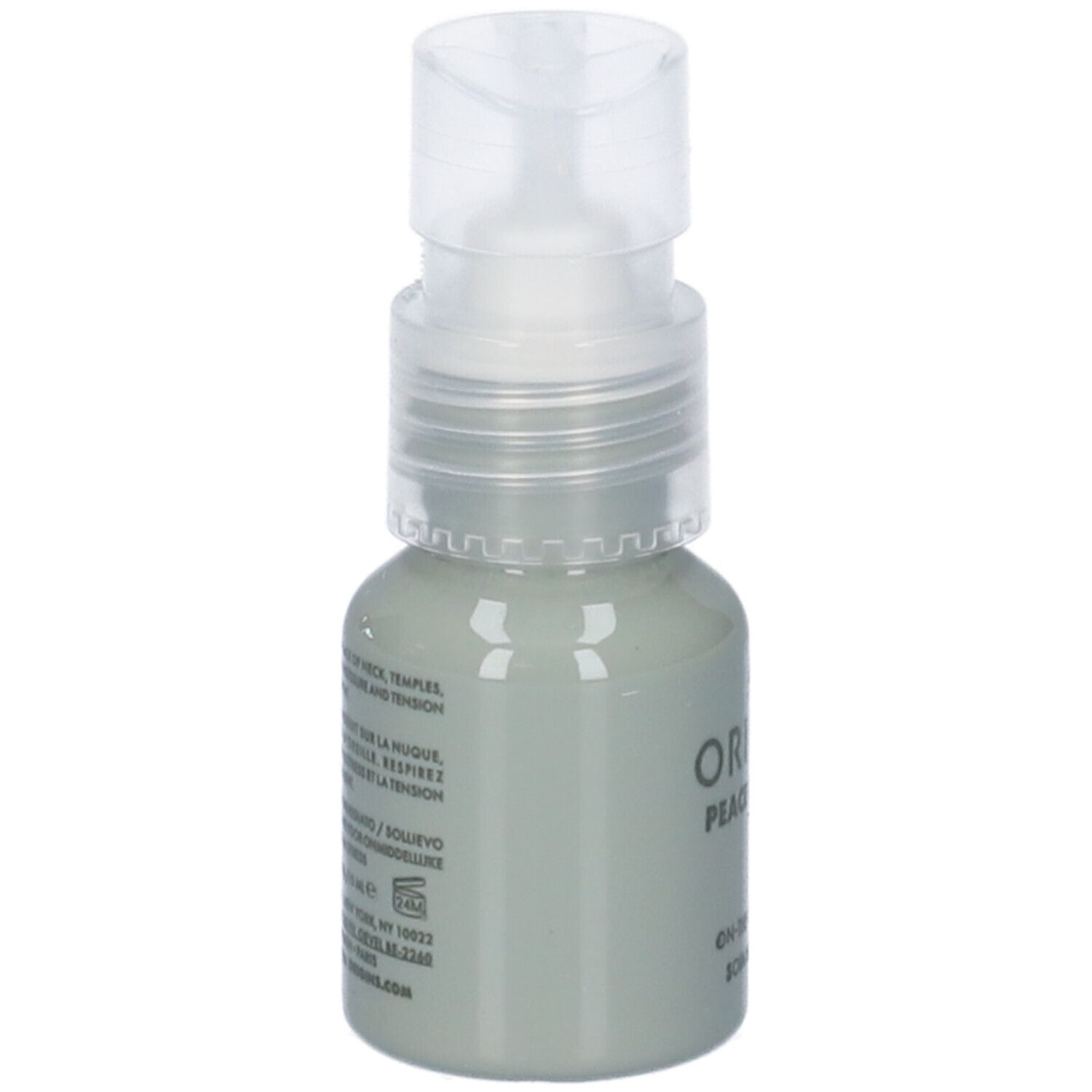 Flacone grigio con pompa. Scritte: ORIGINS, PEACE OF MIND. Testo multilingue.