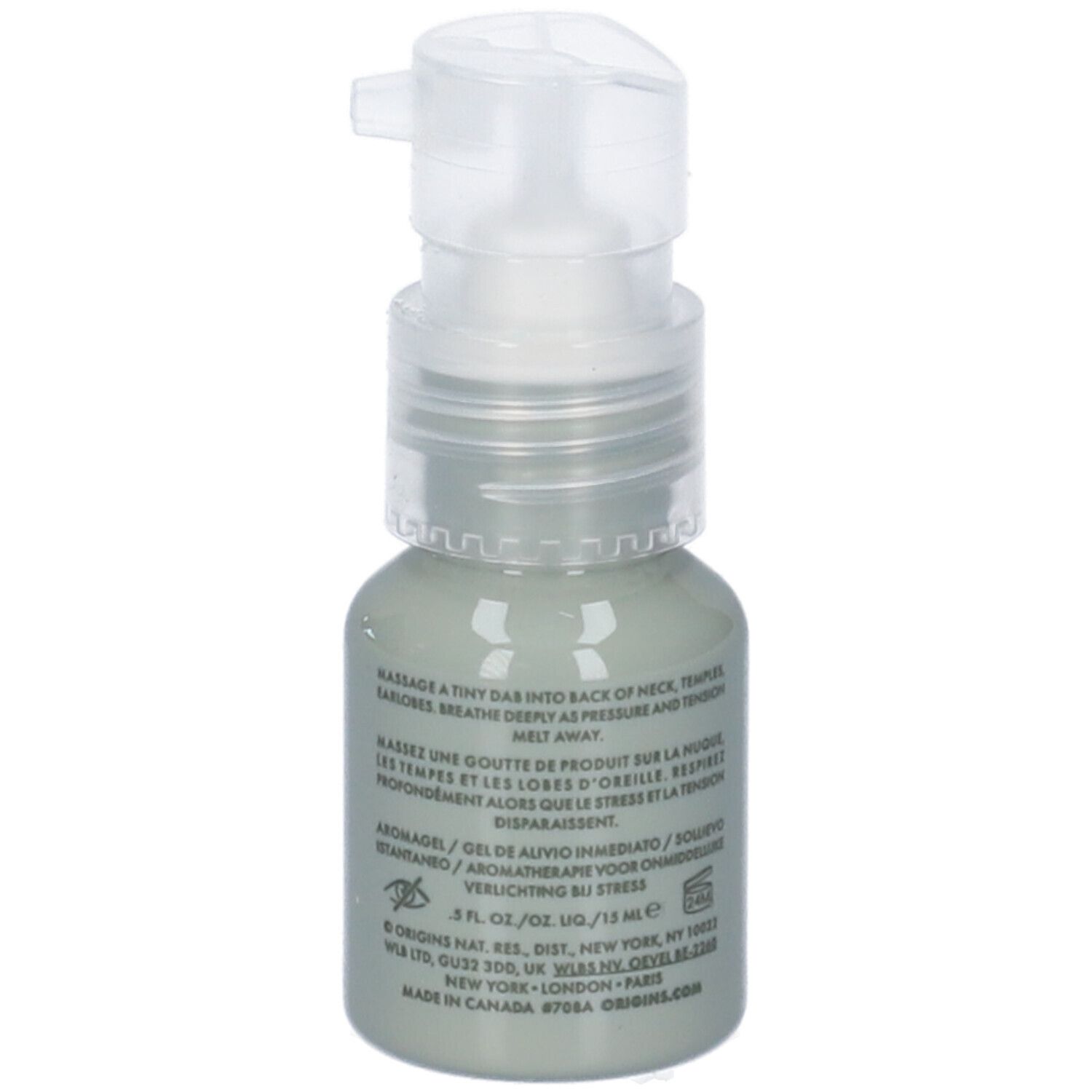 Flacone grigio con pompa. Testo multilingue. Scritte: ORIGINS, PEACE OF MIND.