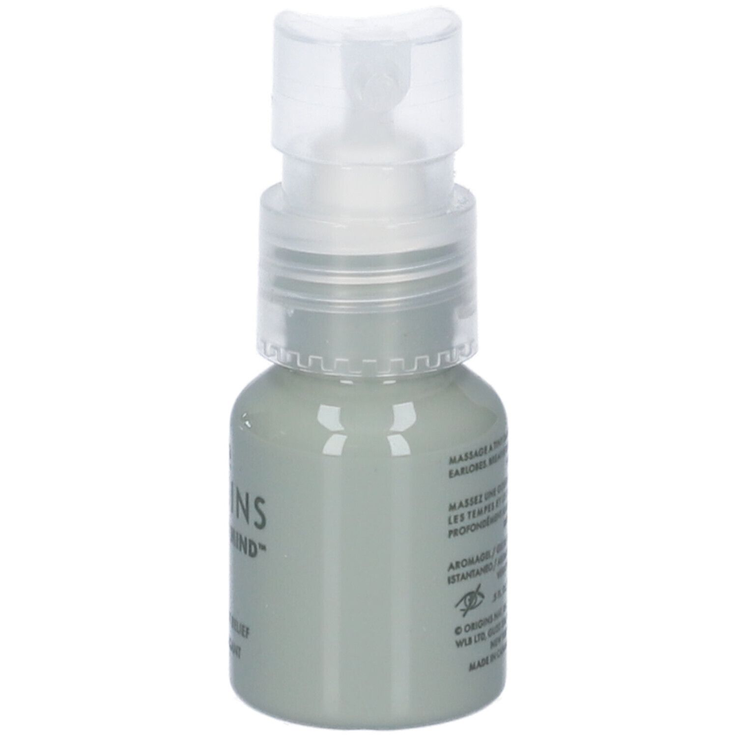 Flacone grigio con pompa. Scritte: ORIGINS, PEACE OF MIND, ON-THE-SPOT RELIEF, SOIN RELAXANT.