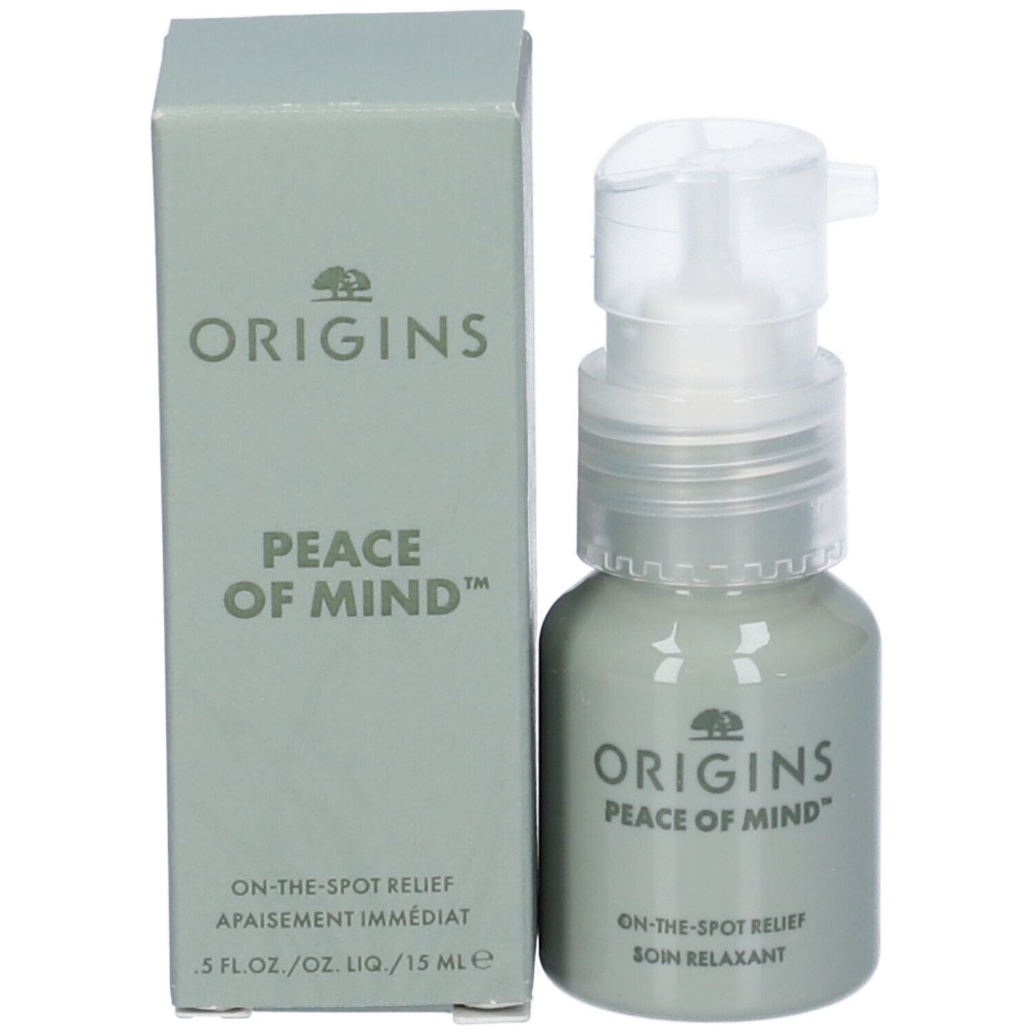 Scatola grigia e flacone con pompa. Scritte: ORIGINS, PEACE OF MIND, ON-THE-SPOT RELIEF.