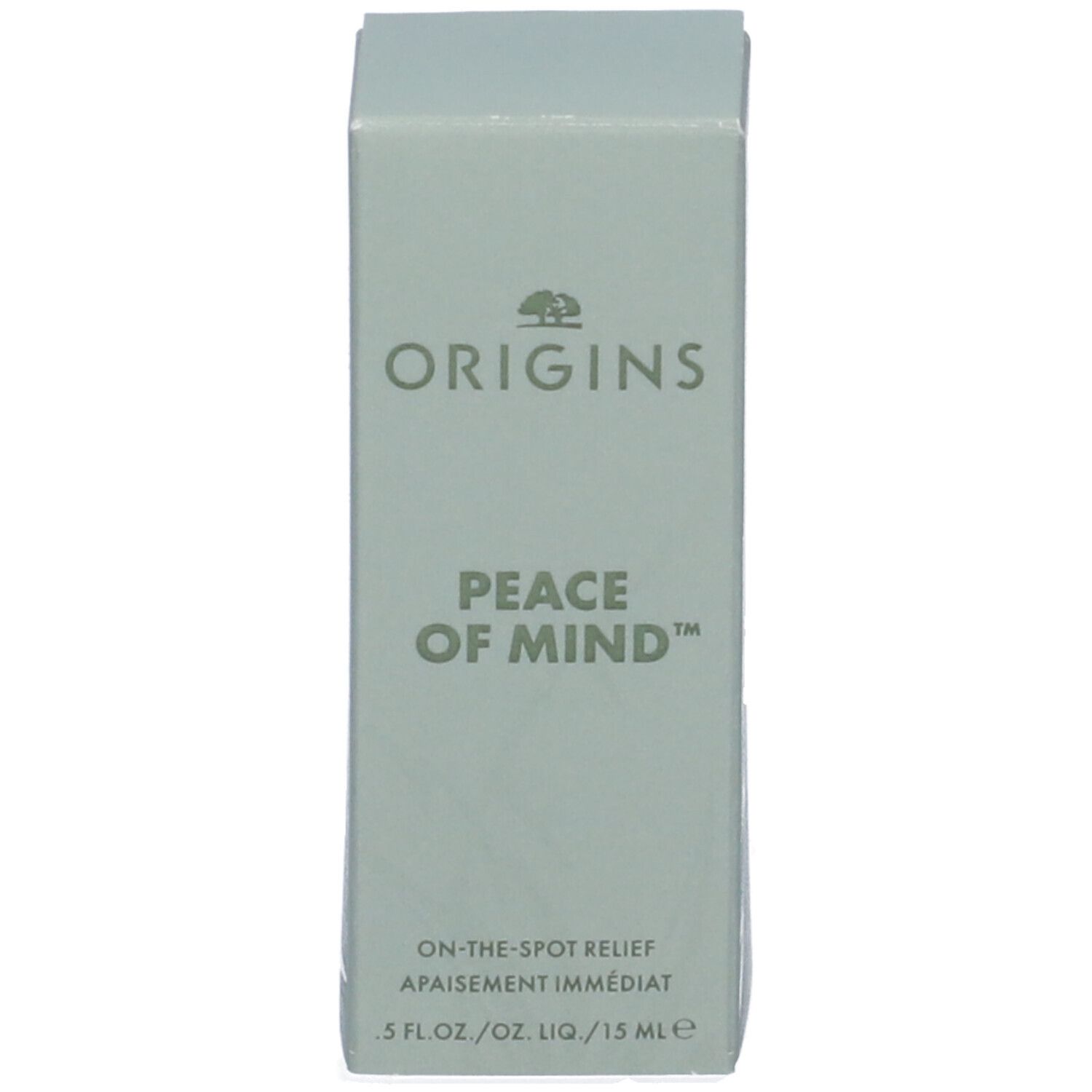 Scatola grigia. Scritte: ORIGINS, PEACE OF MIND, ON-THE-SPOT RELIEF, 5 FL.OZ./OZ. LIQ./15 ml.