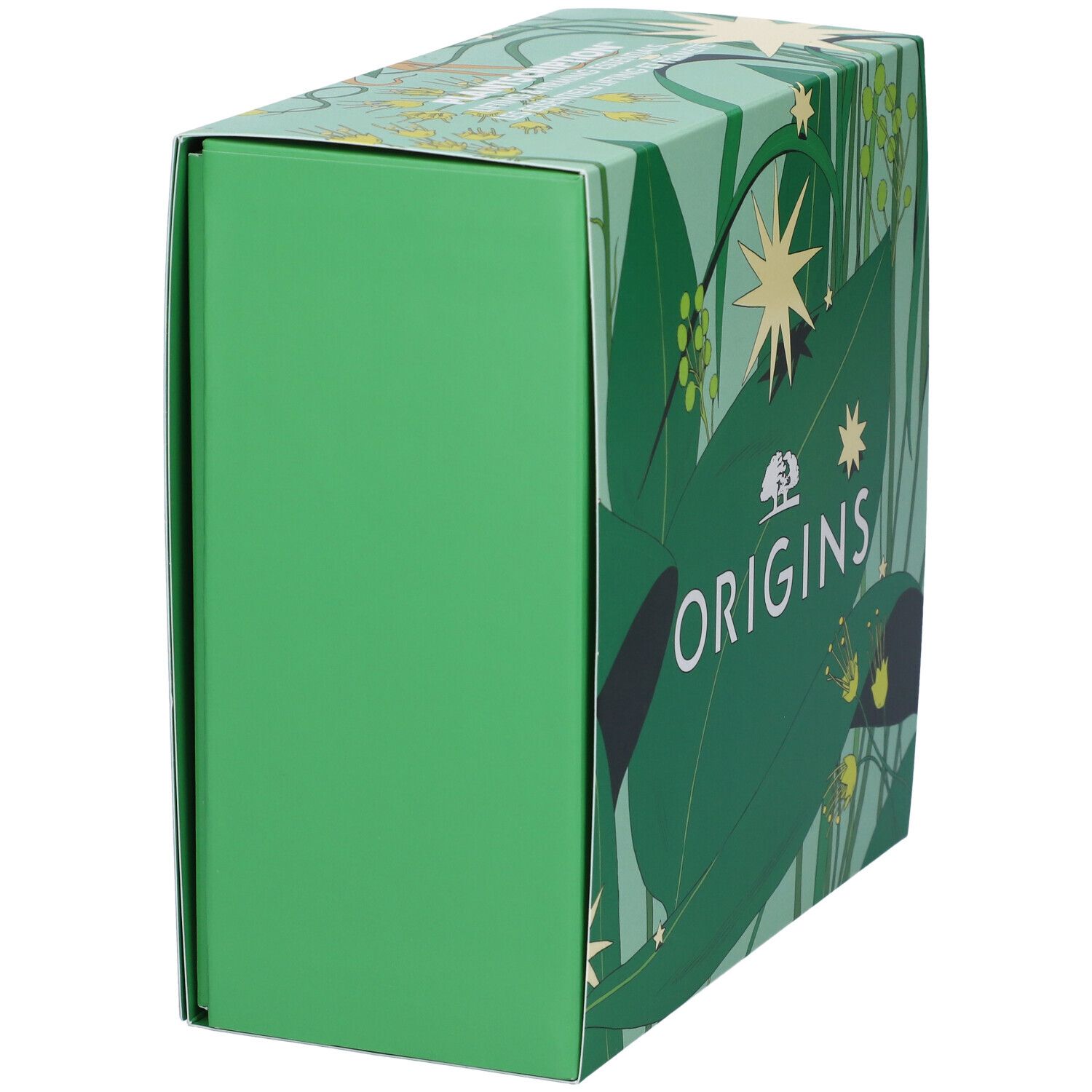 Confezione regalo verde, vista laterale. Logo Origins e motivo vegetale.