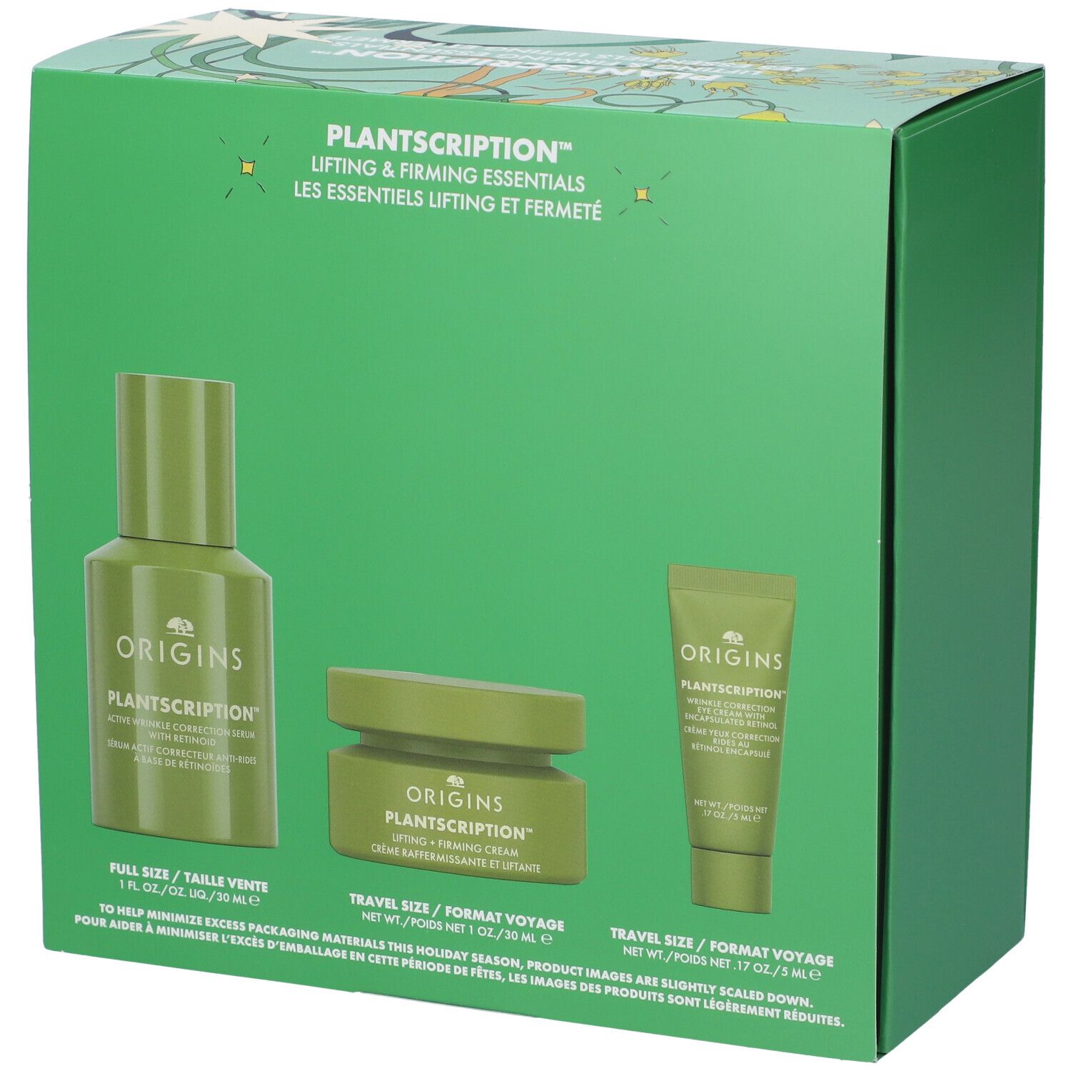 Set regalo con tre prodotti Plantscription verdi Origins. Testo: Lifting & Firming Essentials.