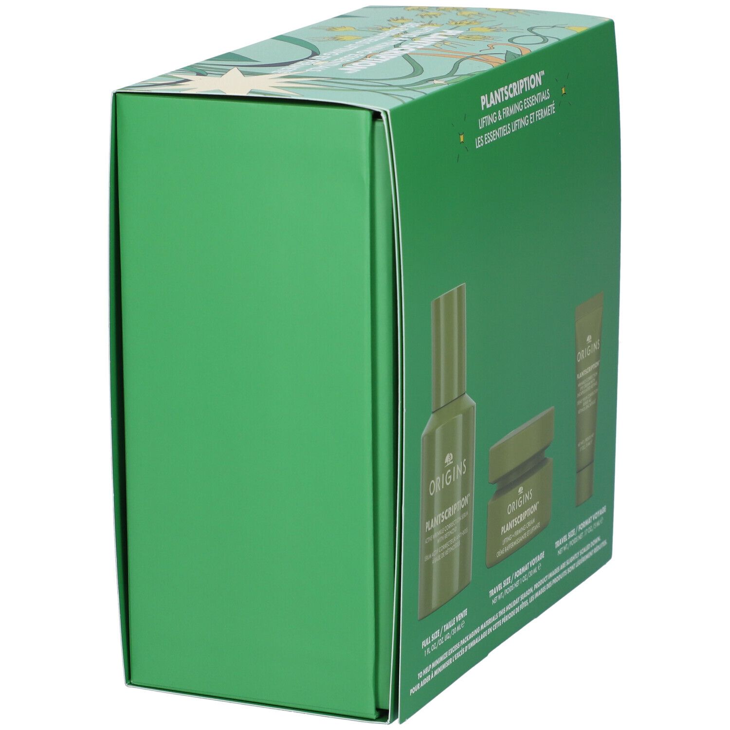Confezione regalo verde, vista laterale con prodotti Plantscription Origins.