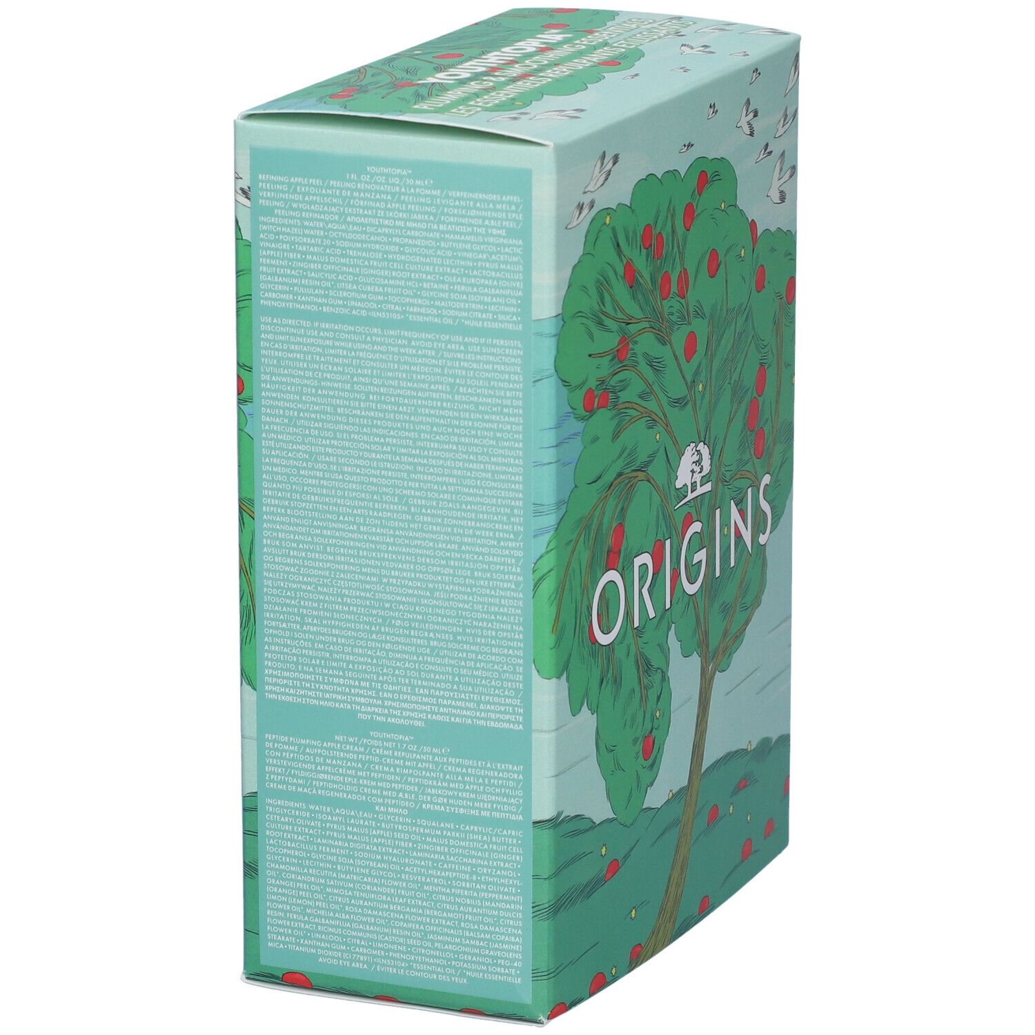 Vista laterale della scatola Origins. Design verde-blu con testo. Testo: informazioni sul prodotto.
