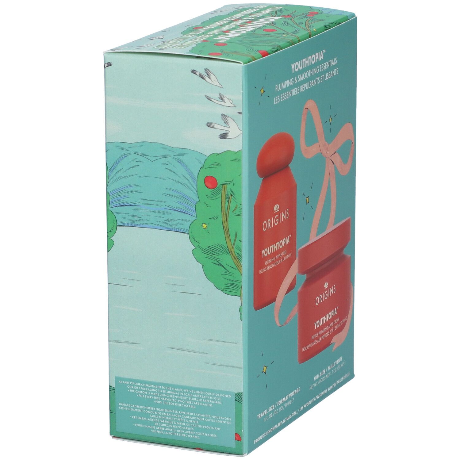 Vista laterale del cofanetto regalo con due vasetti rossi. Testo: YOUTHTOPIA. Design verde e blu.
