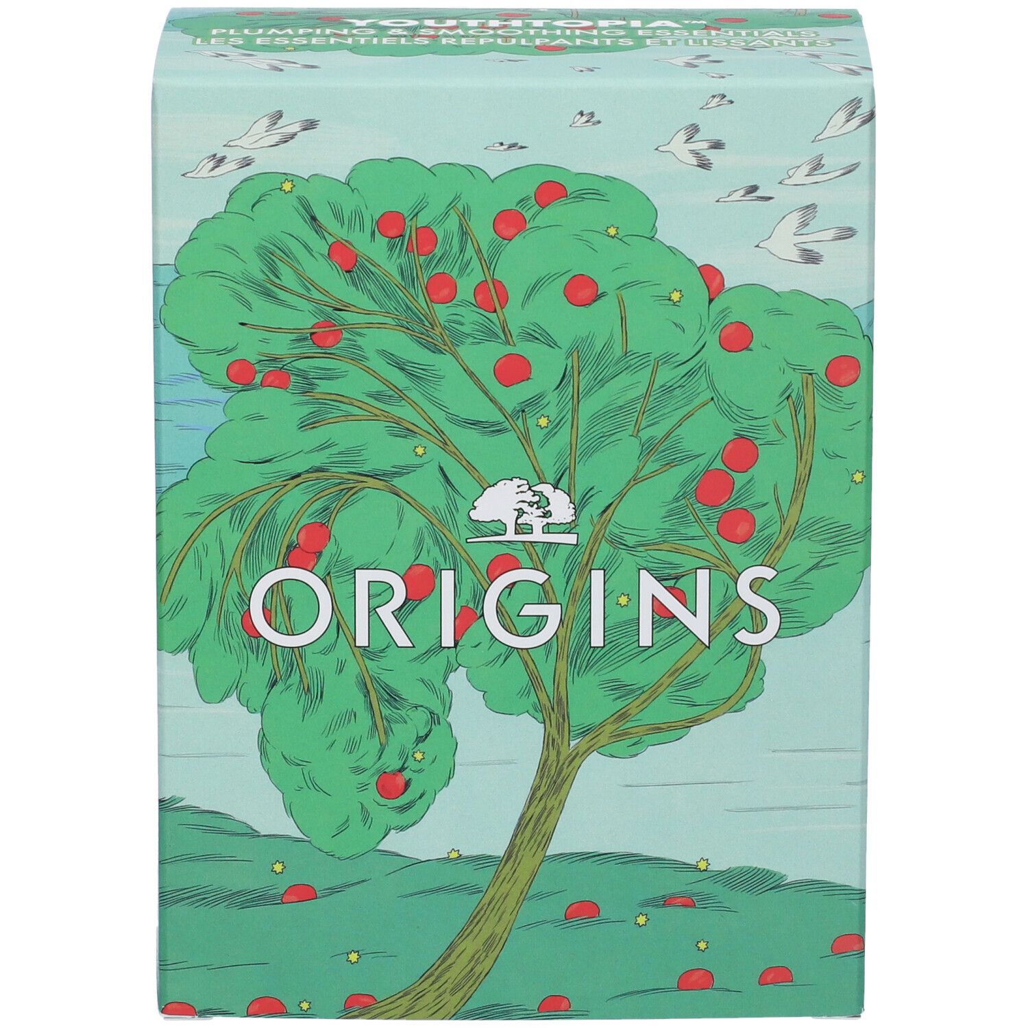 Vista frontale della scatola Origins. Design verde-blu con illustrazione albero e mele. Testo: ORIGINS.