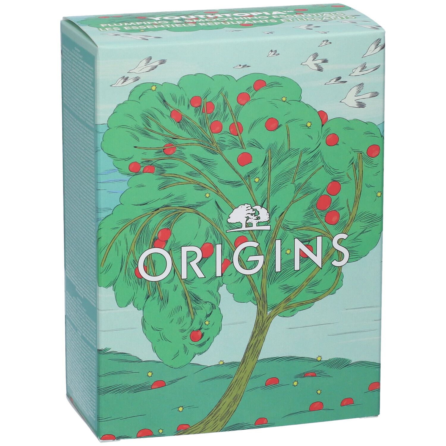 Scatola Origins con logo e illustrazione albero. Design verde-blu con mele e uccelli. Testo: ORIGINS.