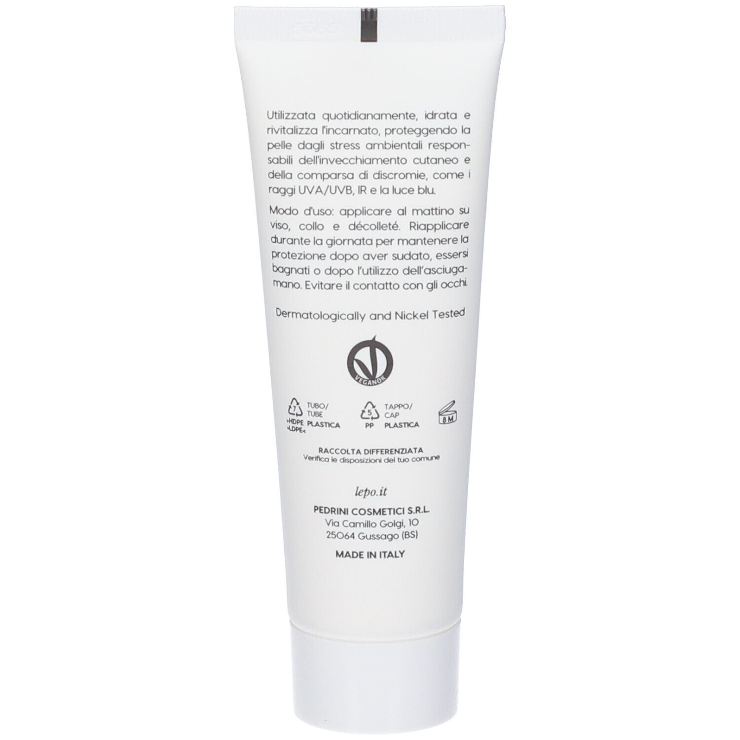 Retro del tubo. Testo: istruzioni per l'uso, ingredienti, dermatologicamente testato, vegano, made in Italy.