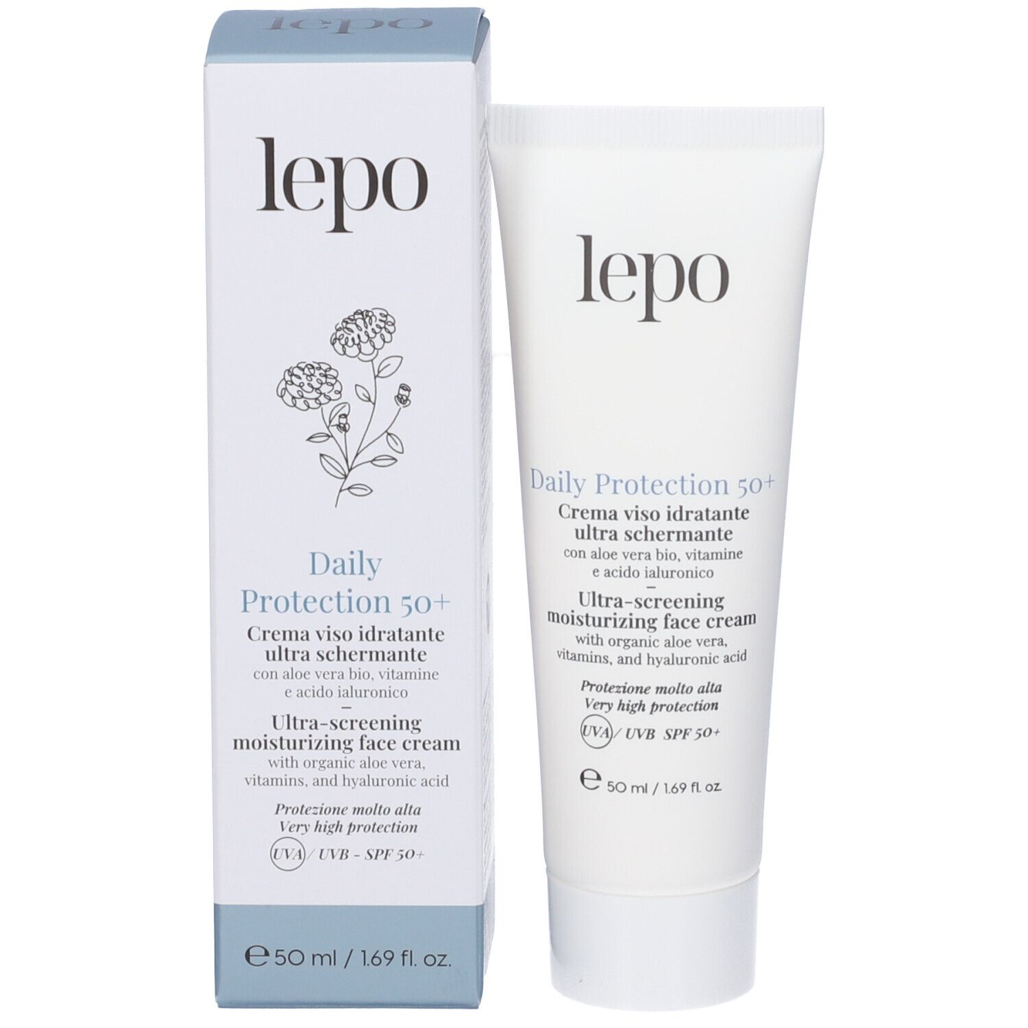 Prodotto e scatola. Testo: Daily Protection 50+, crema viso ultra schermante. Marchio: lepo.