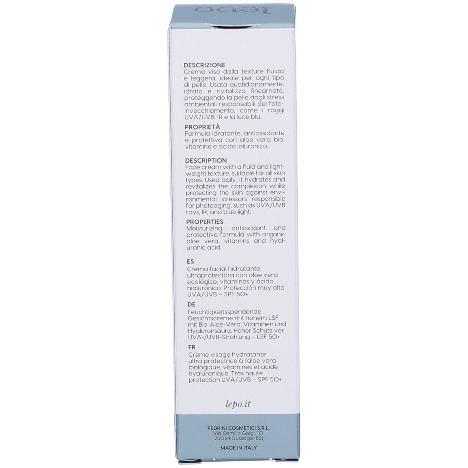 Lato della scatola. Testo: descrizione, proprietà, ingredienti, istruzioni per l'uso. Marchio: lepo.