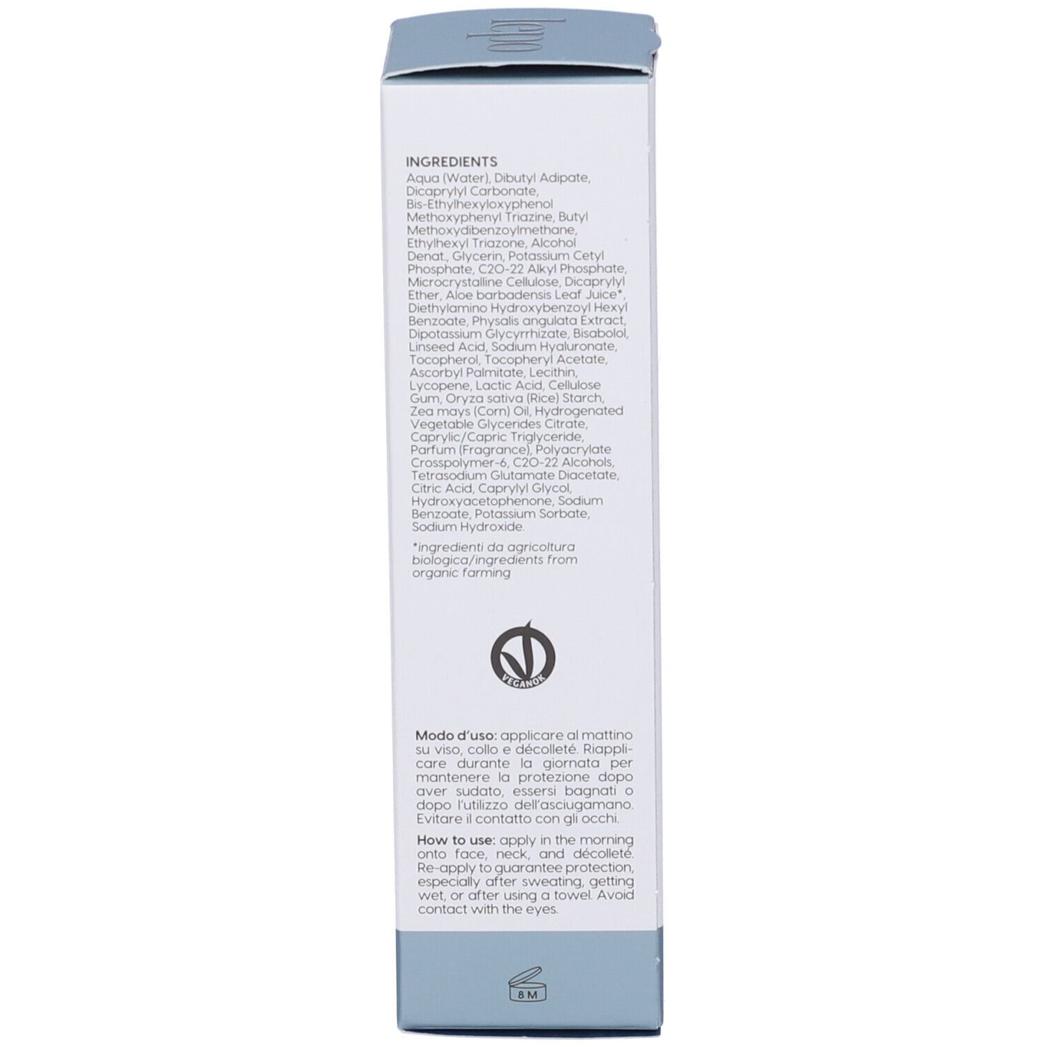 Lato della scatola. Testo: ingredienti, istruzioni per l'uso. Marchio: lepo.