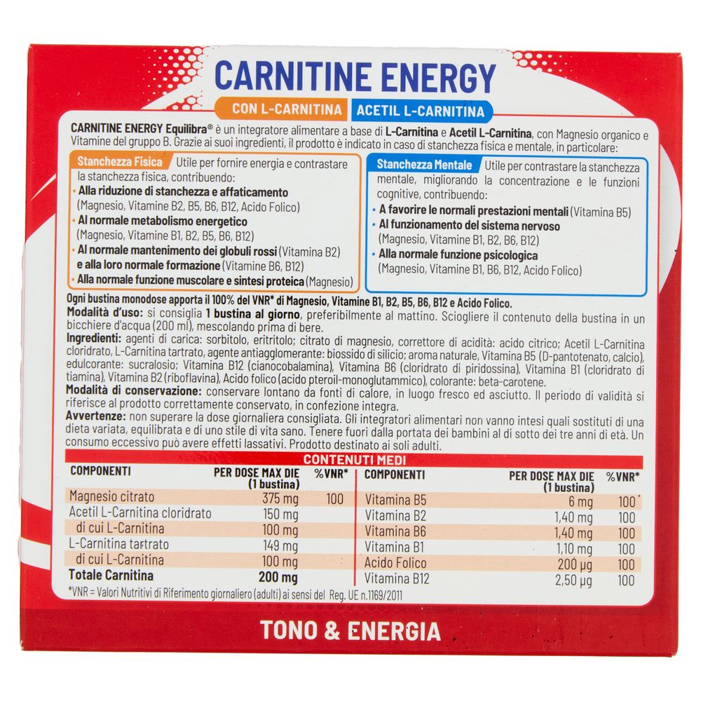 Retro della confezione di Equilibra Carnitine Energy. Contiene informazioni su ingredienti, uso e valori nutrizionali. Testo in italiano.