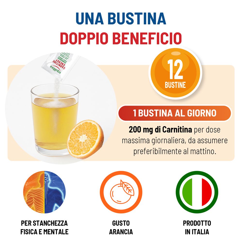 12 bustine di Carnitina in polvere, 200mg per dose, gusto arancia.