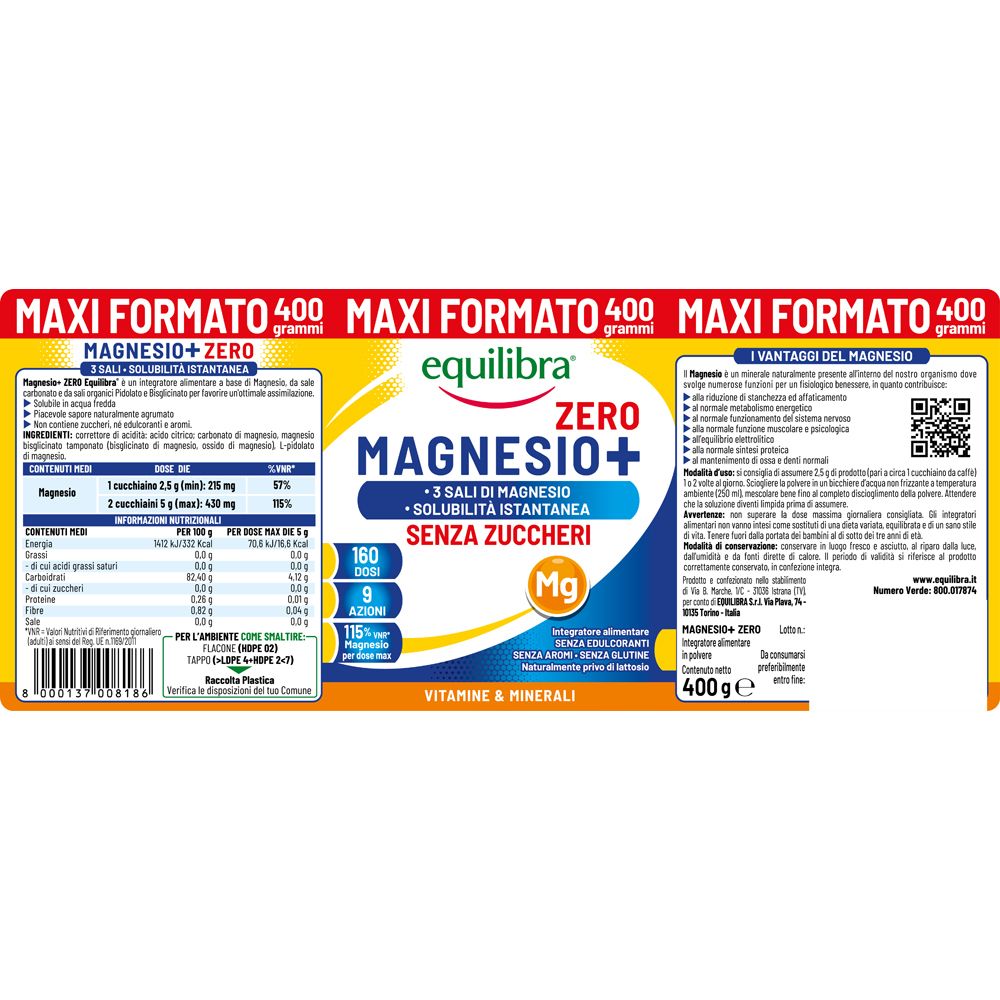 Confezione con informazioni sul prodotto. Contiene informazioni su ingredienti, valori nutrizionali e benefici di Magnesio+ Zero.