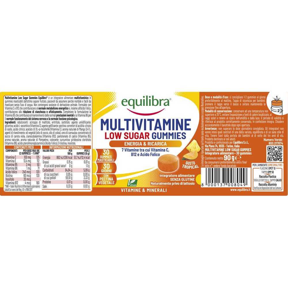 Confezione Equilibra Multivitamine Gummies. Contiene informazioni su ingredienti e valori nutrizionali. Sfondo giallo.