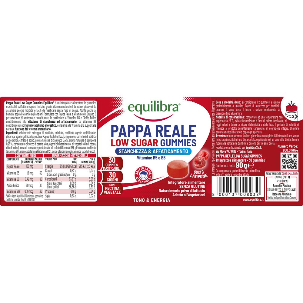 Confezione Equilibra Pappa Reale Low Sugar Gummies. Contiene informazioni su ingredienti e valori nutrizionali. 30 caramelle.