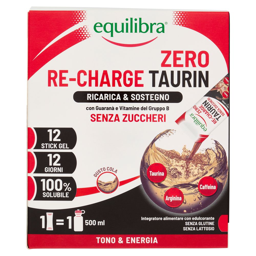 Confezione di Equilibra Re-Charge Taurin Zero. Contiene 12 stick gel, 100% solubili, senza zuccheri. Con guaranà e vitamina B.