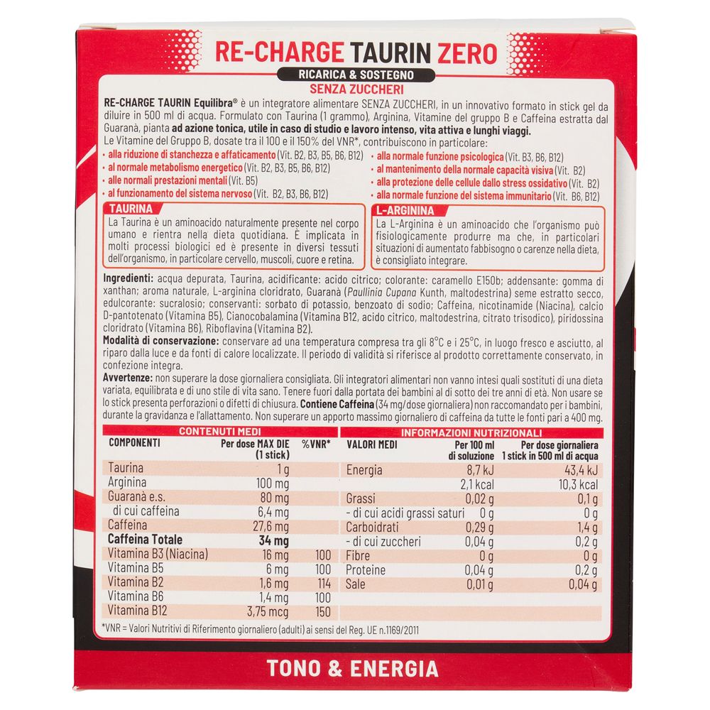 Retro della confezione di Equilibra Re-Charge Taurin Zero. Contiene informazioni su ingredienti, valori nutrizionali e avvertenze.