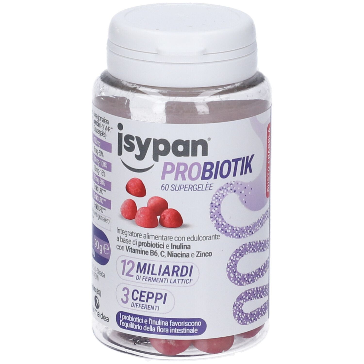 Flacone trasparente con caramelle gommose rosse. Scritta: Isypan Probiotik 60 Supergelée. 12 miliardi Fermenti Lattici.