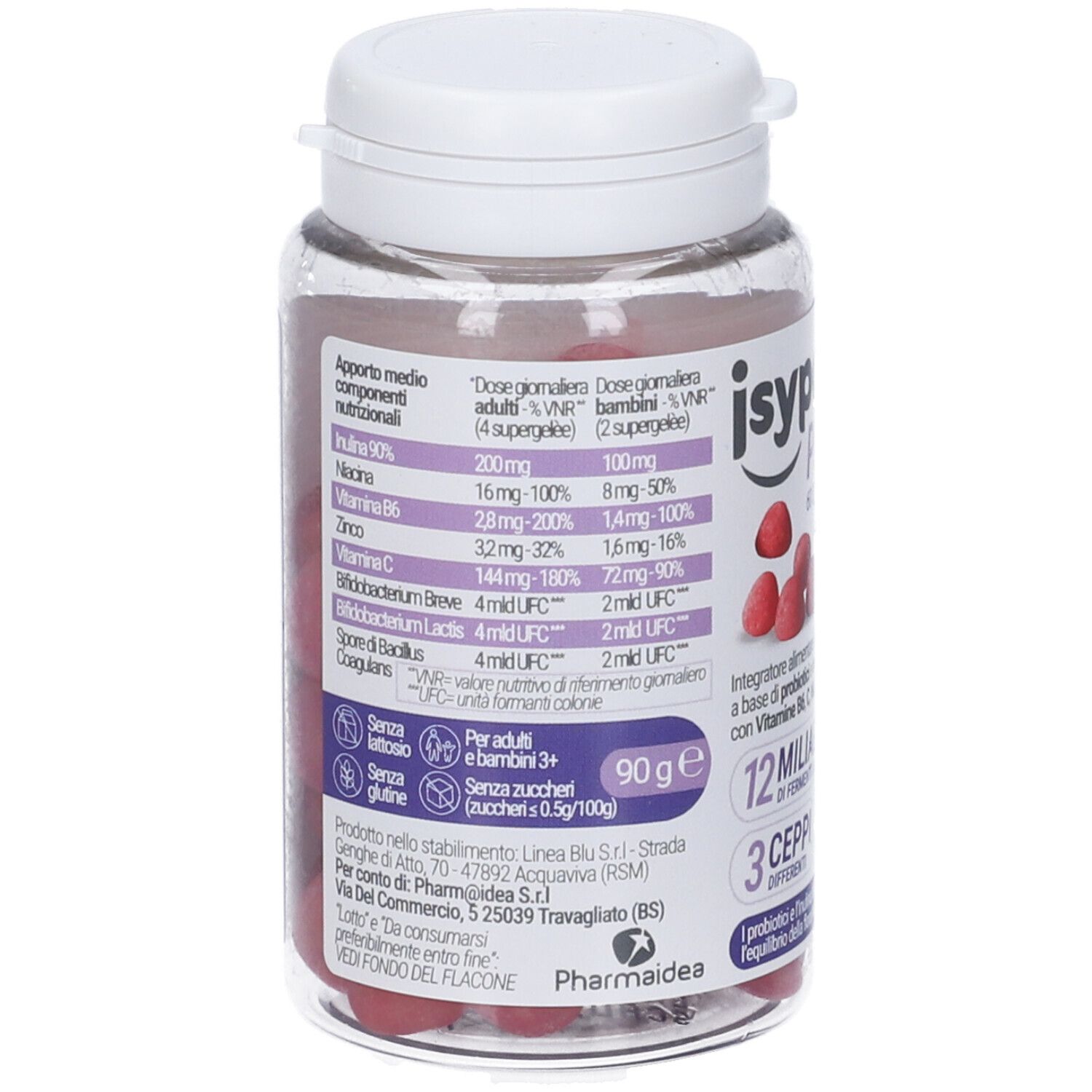 Flacone trasparente con caramelle rosse. Scritta: Isypan Probiotik 60 Supergelée. Tabella nutrizionale.