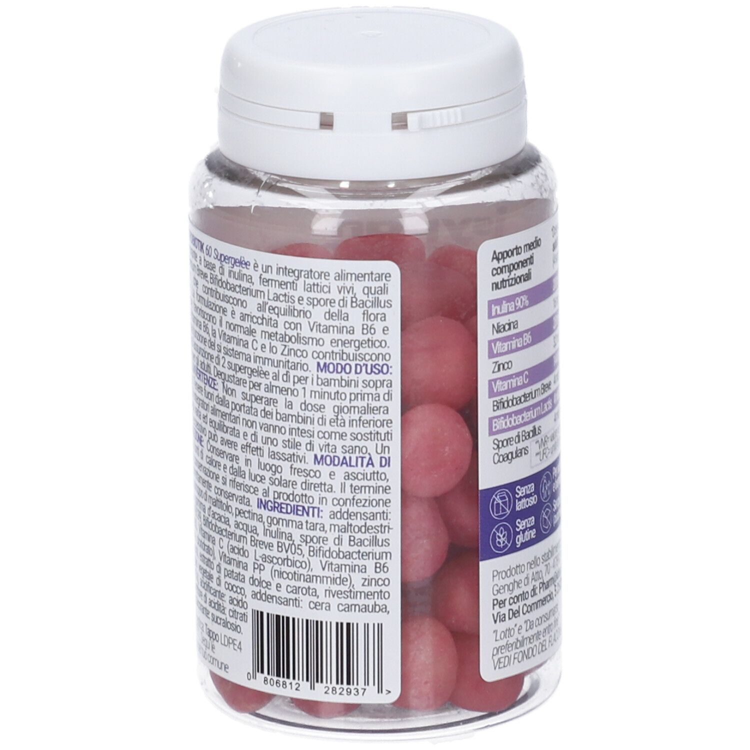 Flacone trasparente con caramelle gommose rosse. Scritta: Isypan Probiotik 60 Supergelée. 12 miliardi Fermenti Lattici.